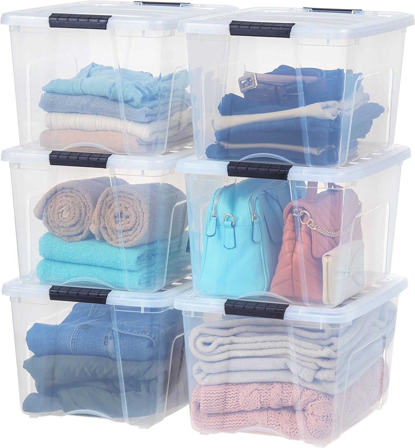 IRIS USA 40 Qt Stackable Plastic Storage Bins with Lids, 6 Pack - BPA-Free, Made in USA - See-Through Organizing Solution, Latches, Durable Nestable Containers, Secure Pull Handle - Clear