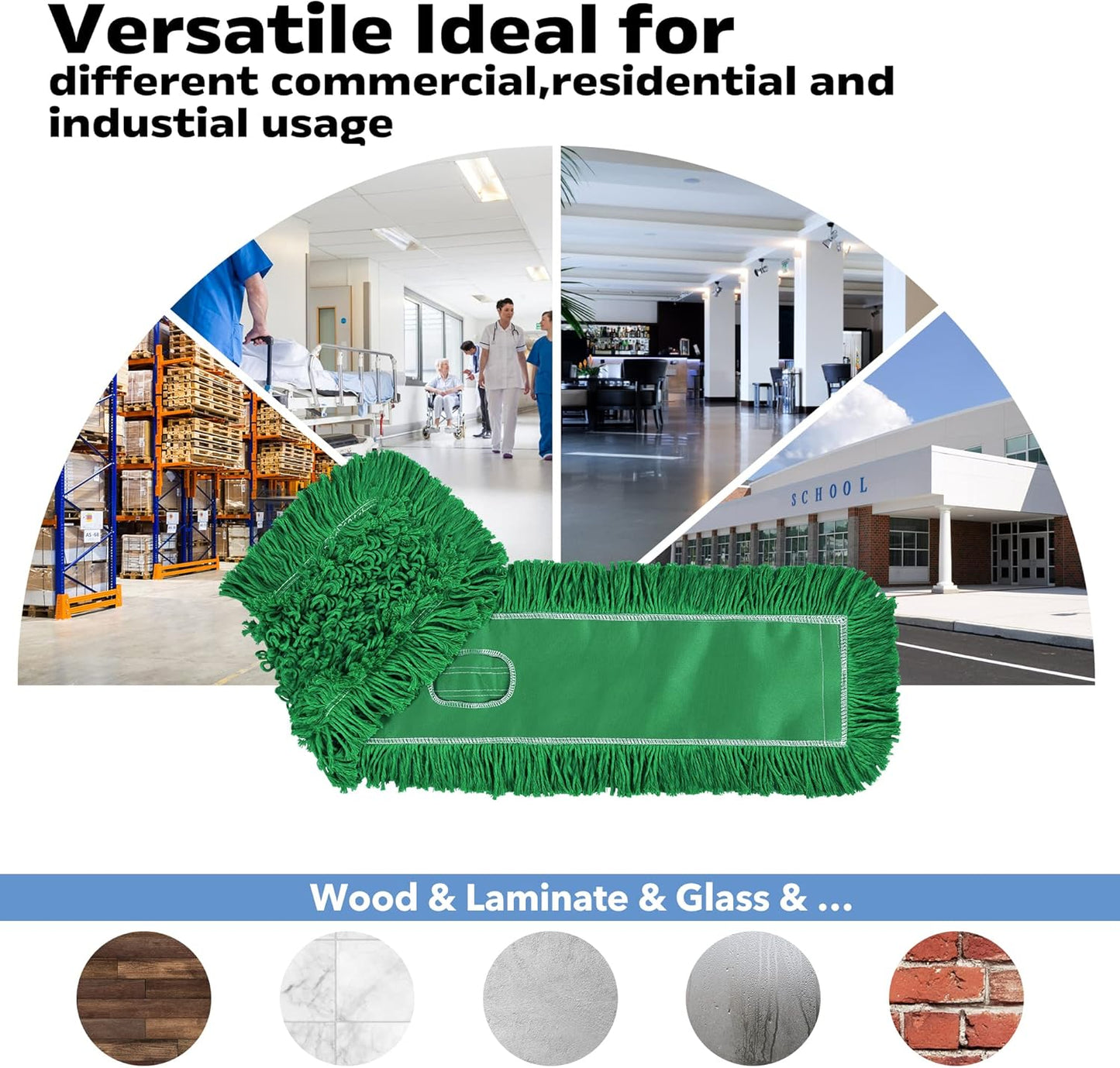 Matthew Cleaning 36'' Industrial Strength Cotton Dust Mop Refill Washable Replacement Heads for Residential & Commercial Use Fit Standard Dust Mop Frames, Hardwood, Concrete Floors Green 12 Pack