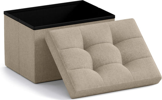 Ornavo Home Small Storage Ottoman Foldable Collapsible Rectangle Linen Ottoman Foot Rest Stool Seat, for Living Room, Bedroom, Home Office, Dorm - 12 x 16 x 12, Taupe