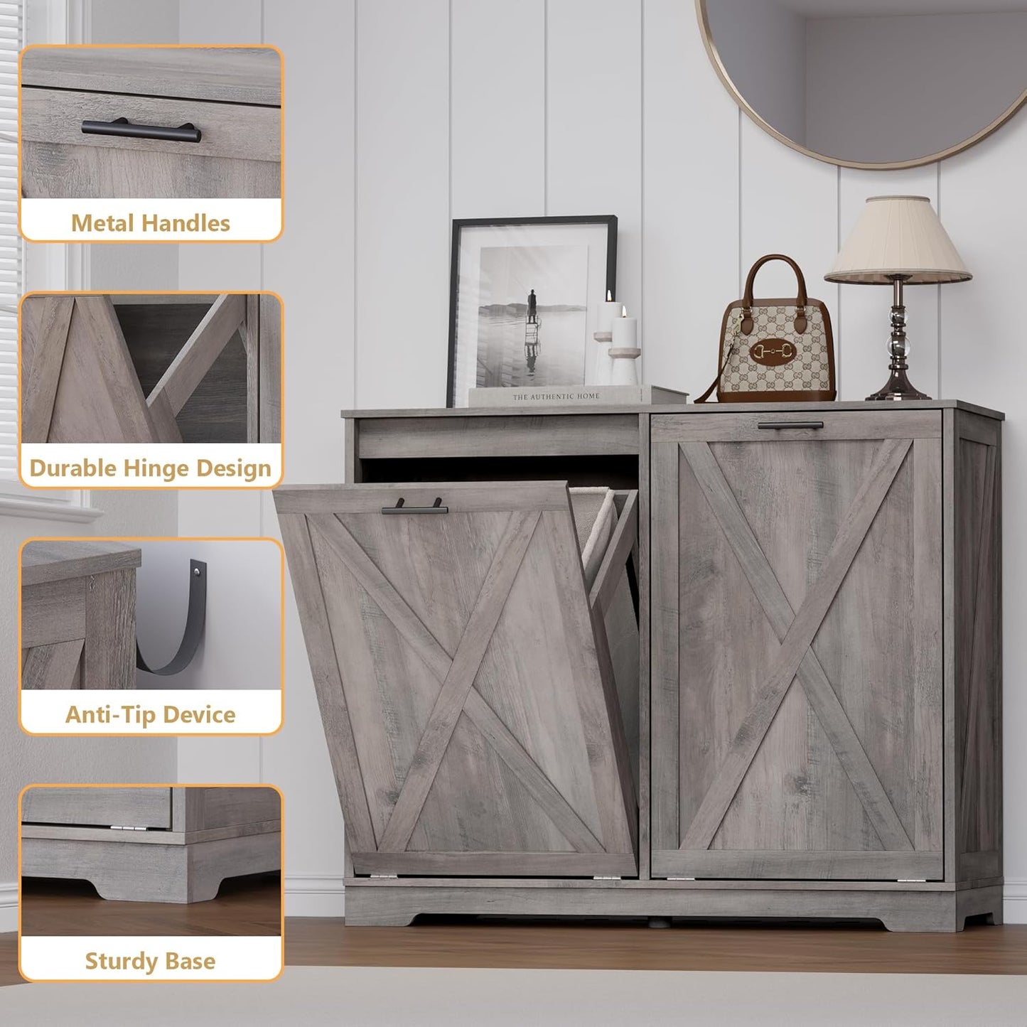 Tilt Out Trash Can Cabinet for 2 Bins, Hidden Recycle Garbage Bin Enclosure, Wooden Double Laundry Cabinet with Odor Control, Negative Ion & Ozone, for Kitchen, Bathroom, Laundry Room