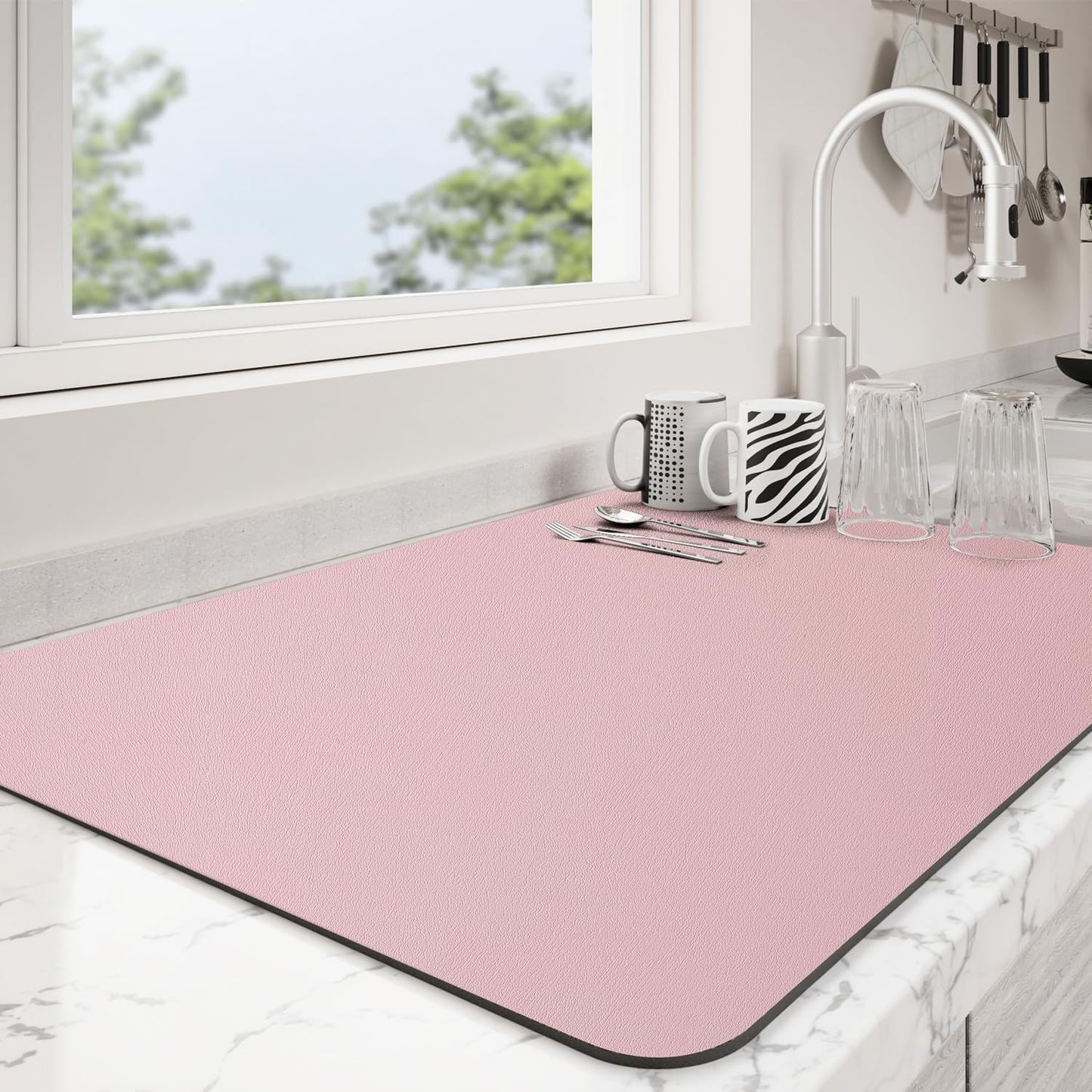 Dish Drying Mat for Kitchen Counter | Coffee Bar Mat for Countertops | Heat Resistant Drainer Mat with Non-slip Rubber Backed | Hide Stain Kitchen Absorbent Draining Mat | Pink 18"x28"