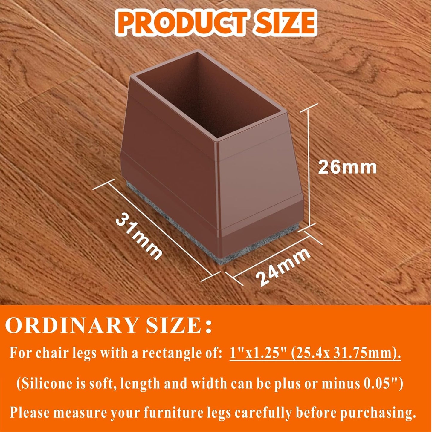 Rectangle Chair Leg Protectors for Hardwood Floors,16 PCS Silicone Covers to Protect Wood Tile Floors Felt Pads Furniture Leg Caps Reduce Noise. Easy to Move.(Brown,1 x 1.25 Inch,Rectangle)