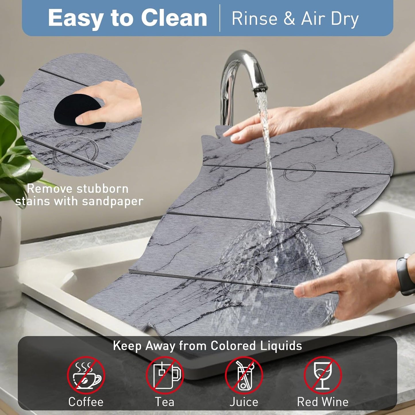 Large Stone Dish Drying Mat for Kitchen Counter,24"(L)×16"(W) Quick Dry Absorbent Diatomaceous Earth Dish Drying Mats,Owl Shape Design Drying Pads for Cups Dishes Bottles (Gray)