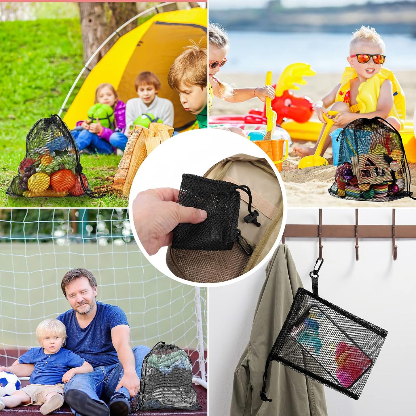 iMucci 12 Pieces Black Mesh Drawstring Bag with Clips, Nylon Drawstring Bags Pocket Foldable Beach Bag with Cord Lock for Swimming Collecting Toys Laundry Sports Gym Beach Travel