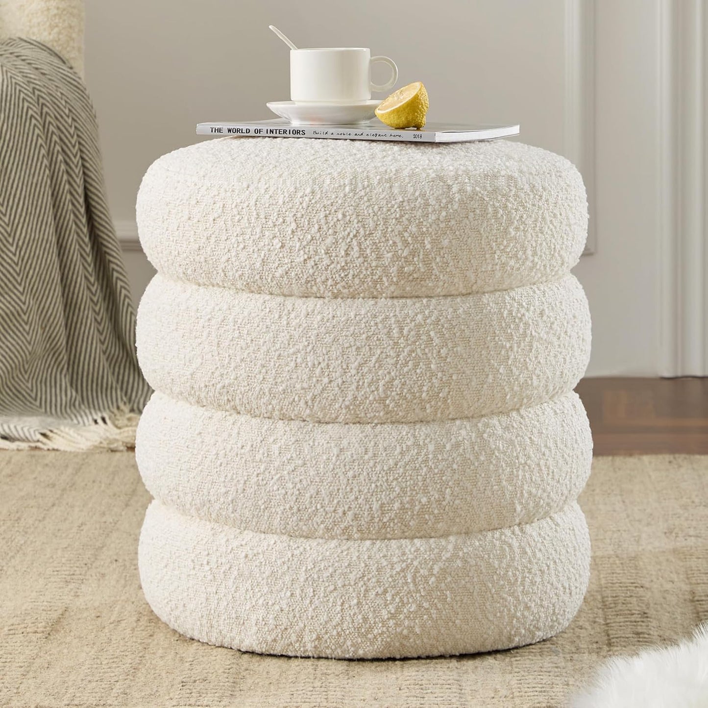 Round Ottoman with Storage Boucle Ottoman Stool with Storage Removable Lid for Living Room Modern Vanity Sorage Stool Foot Rest Bedroom Dorm Gift Set of 1 (White)