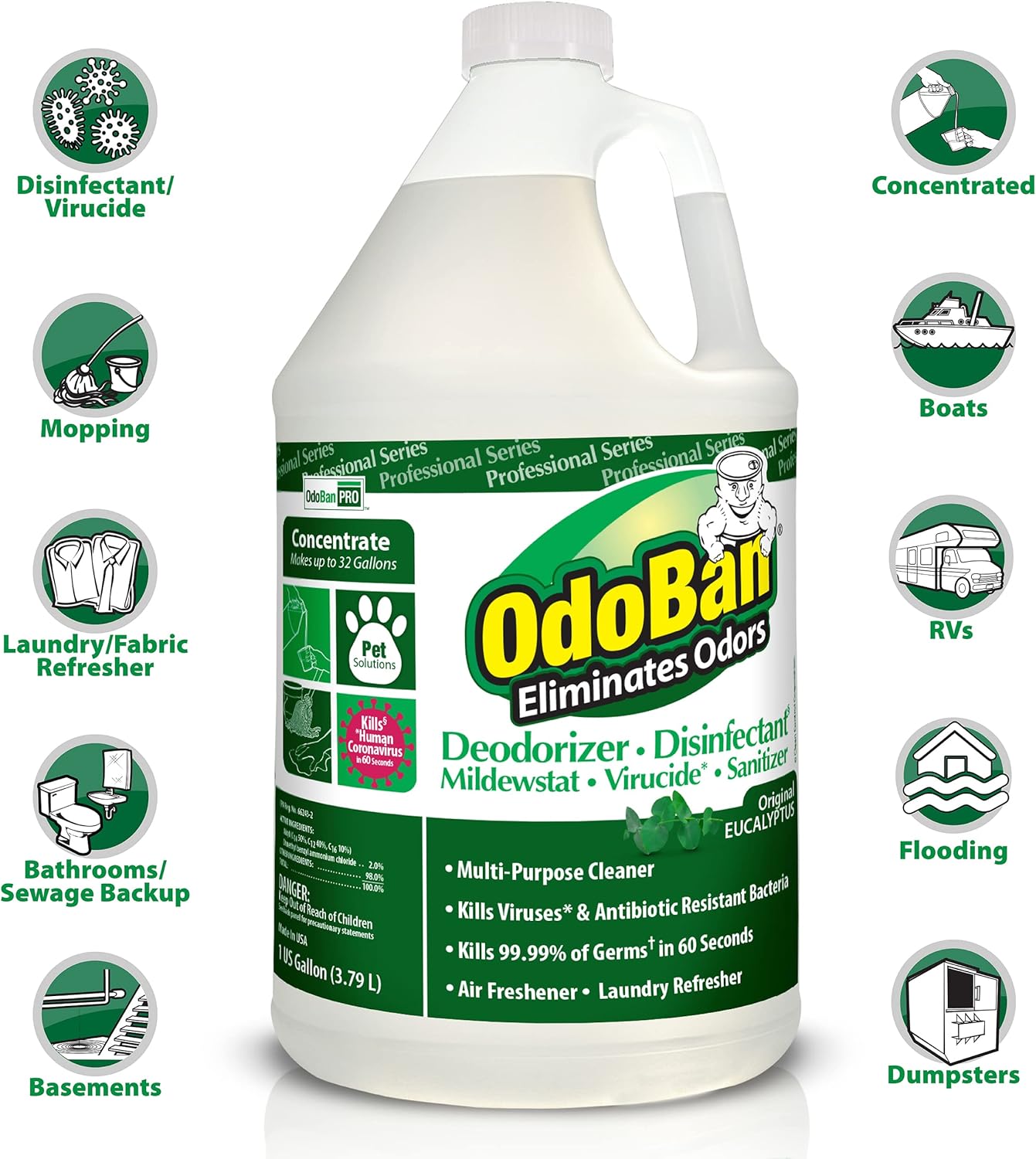 OdoBan Professional Disinfectant and Odor Eliminator Concentrate, 3-Pack, 1 Gallon Each, Original Eucalyptus Scent