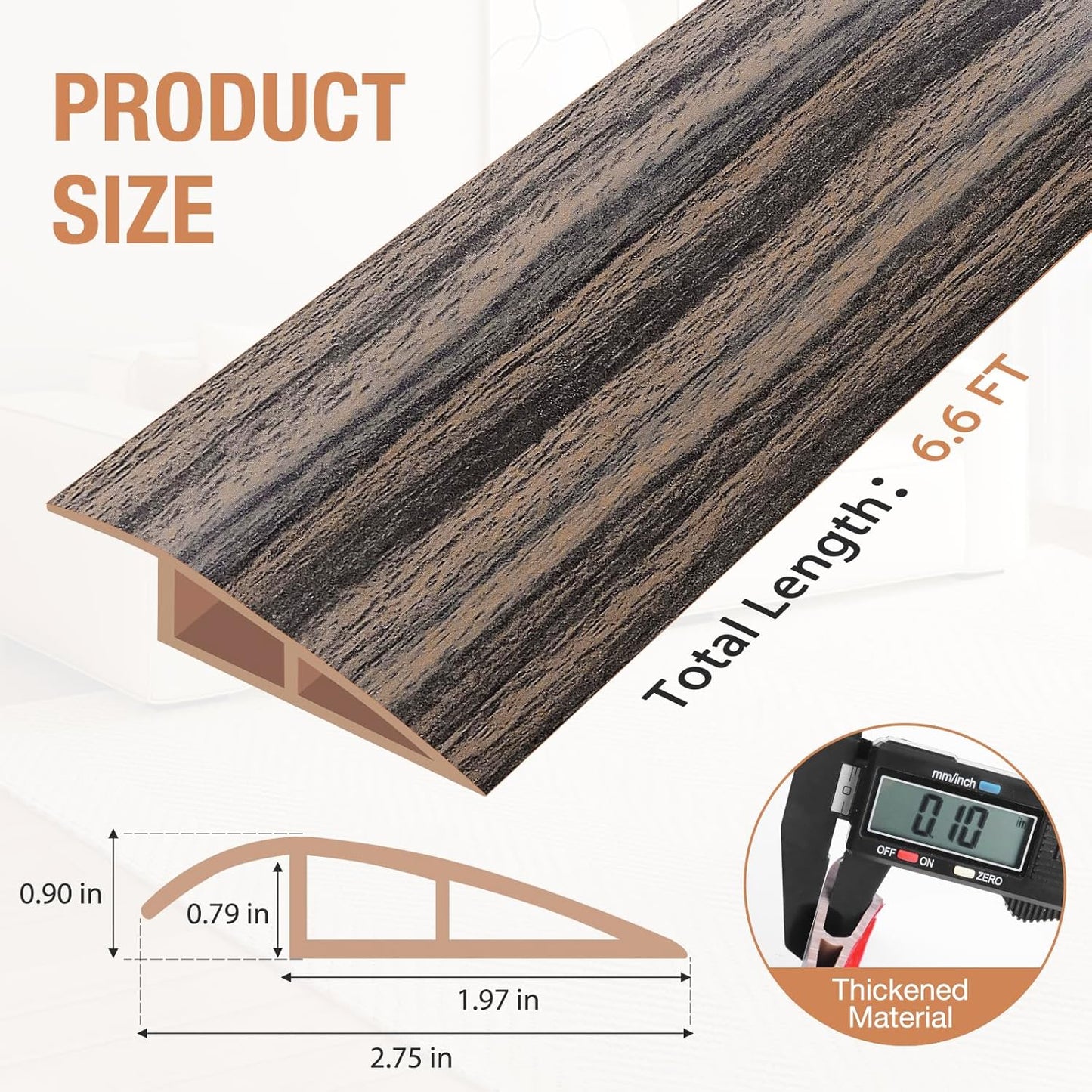 Floor Transition Strip Self Adhesive Vinyl Door Threshold for Doorways Carpet Edging Trim Overlap Edge Reducer for Laminate Floor, Carpet, Tile (Smoked Brown Wood Grain, 3/5" to 4/5", 6.6Ft)