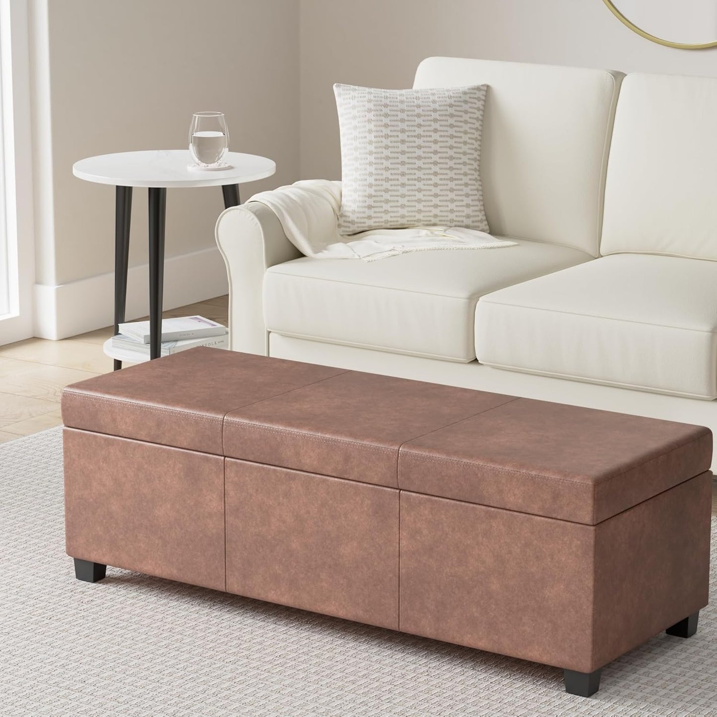 SIMPLIHOME Avalon 48 inch Wide Contemporary Rectangle Storage Ottoman Bench in Distressed Umber Brown Vegan Faux Leather, Assembled, For the Living Room, Entryway and Family Room