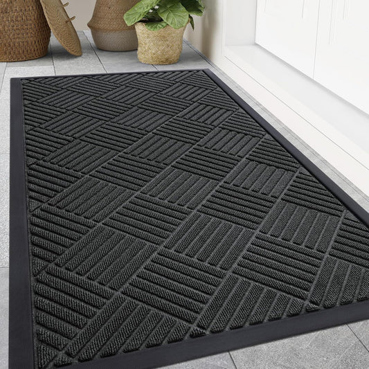 Smiry Front Door Mat Outside Entrance, Heavy Duty Outdoor Indoor Natural Rubber Doormat, Non Slip, Trap Dirt and Moisture, Easy Clean, Low Profile Patio Porch Entryway Mat, 59x35, Black