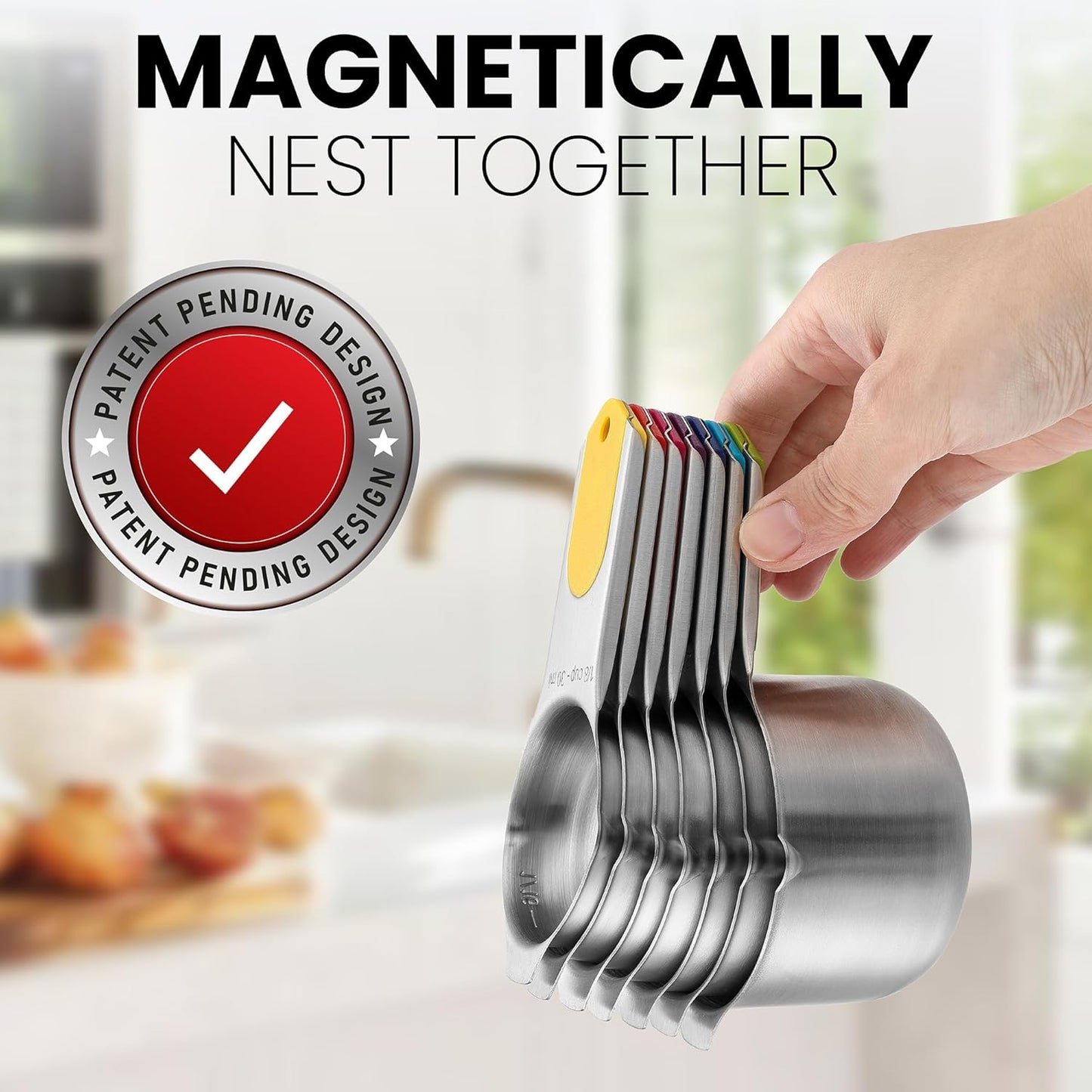 Spring Chef Magnetic Stainless Steel Measuring Cups, Patented, Kitchen Tools with Easy to Read Markings for Measuring Dry or Liquid Ingredients, Set of 7, Multicolor