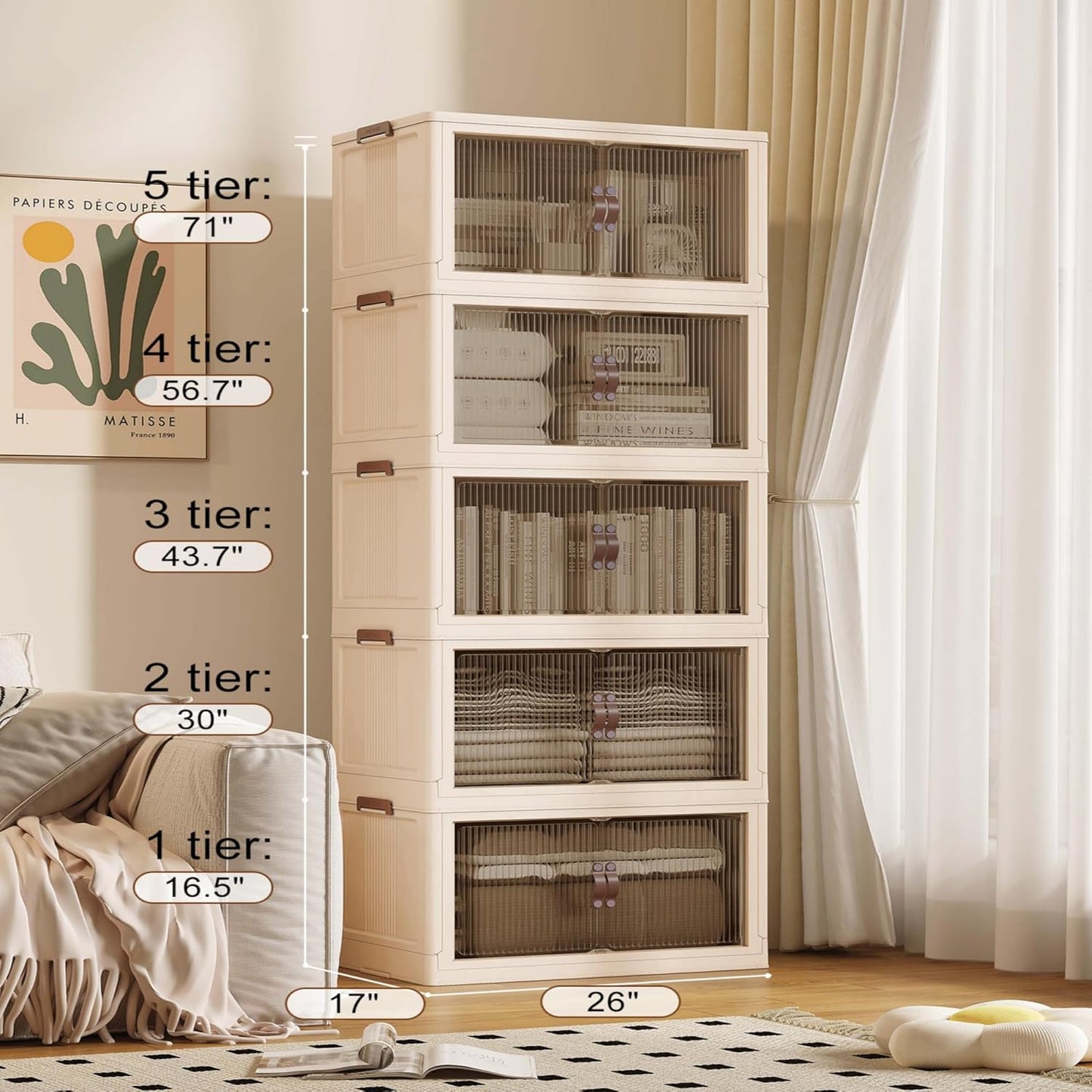 SAILUN 136Gal/543Qt Stackable Storage Bins Folding Collapsible Storage Bins with Lid, Closet Organizers and Storage Box with Door Beige 26" W x 17" D x 71" H