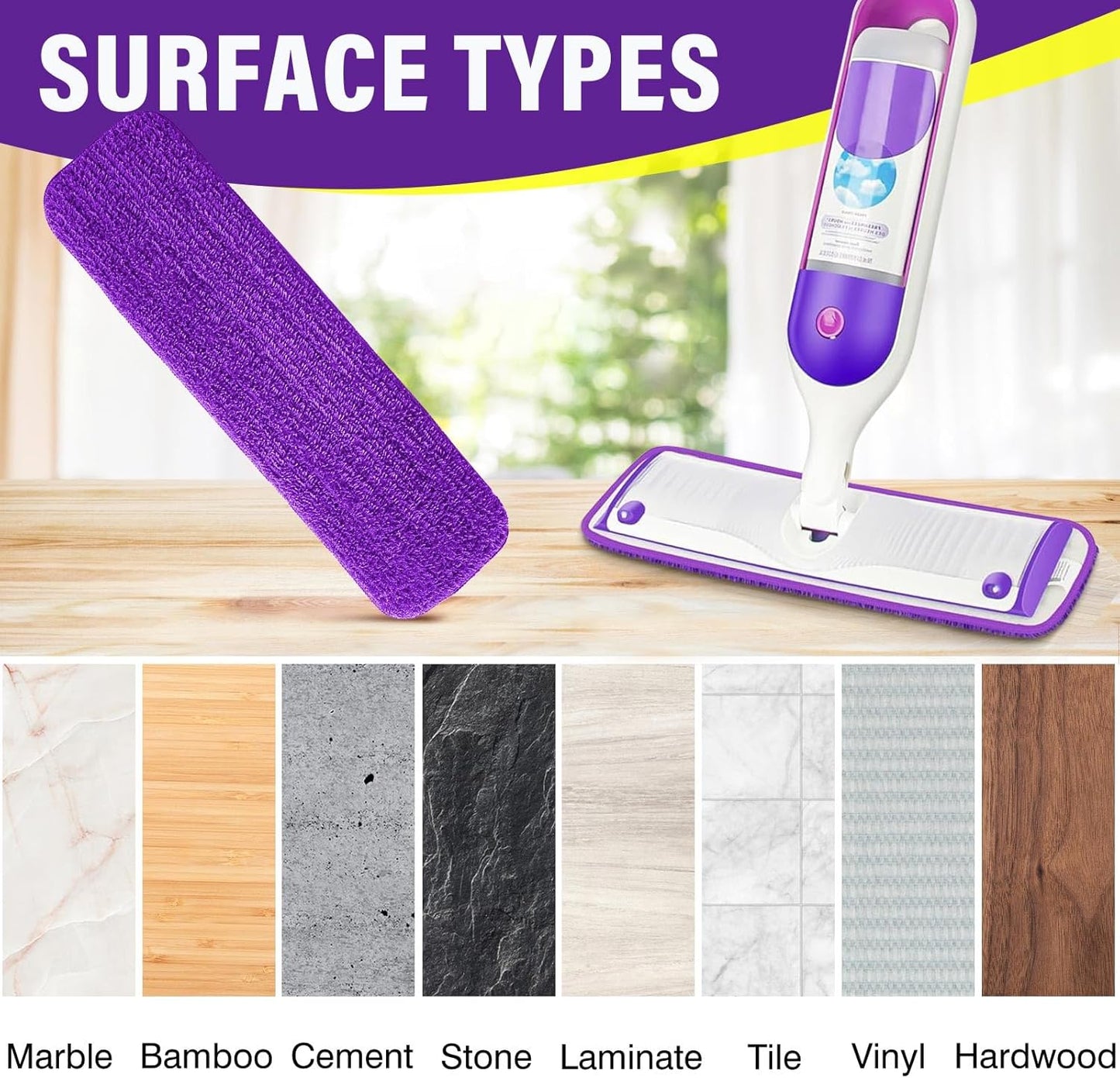 15 inch Mop Pads Refills, 6 Pack Microfiber Reusable Replacement Mop Pads Flat Replacements Heads for Wet Or Dry Floor Cleaning and Scrubbing, Purple Cloth