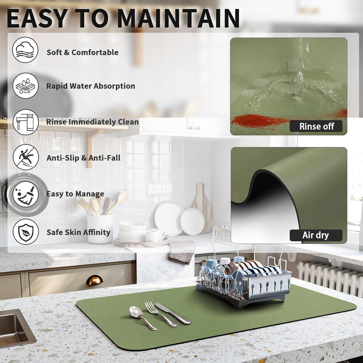 Dish Drying Mat for Kitchen Counter, Heat Resistant Drainer Mats with Non-slip Rubber Backed, Hide Stain Kitchen Super Absorbent Draining Mat, Easy to Clean Dish Rack Pad, Green 18"x24"