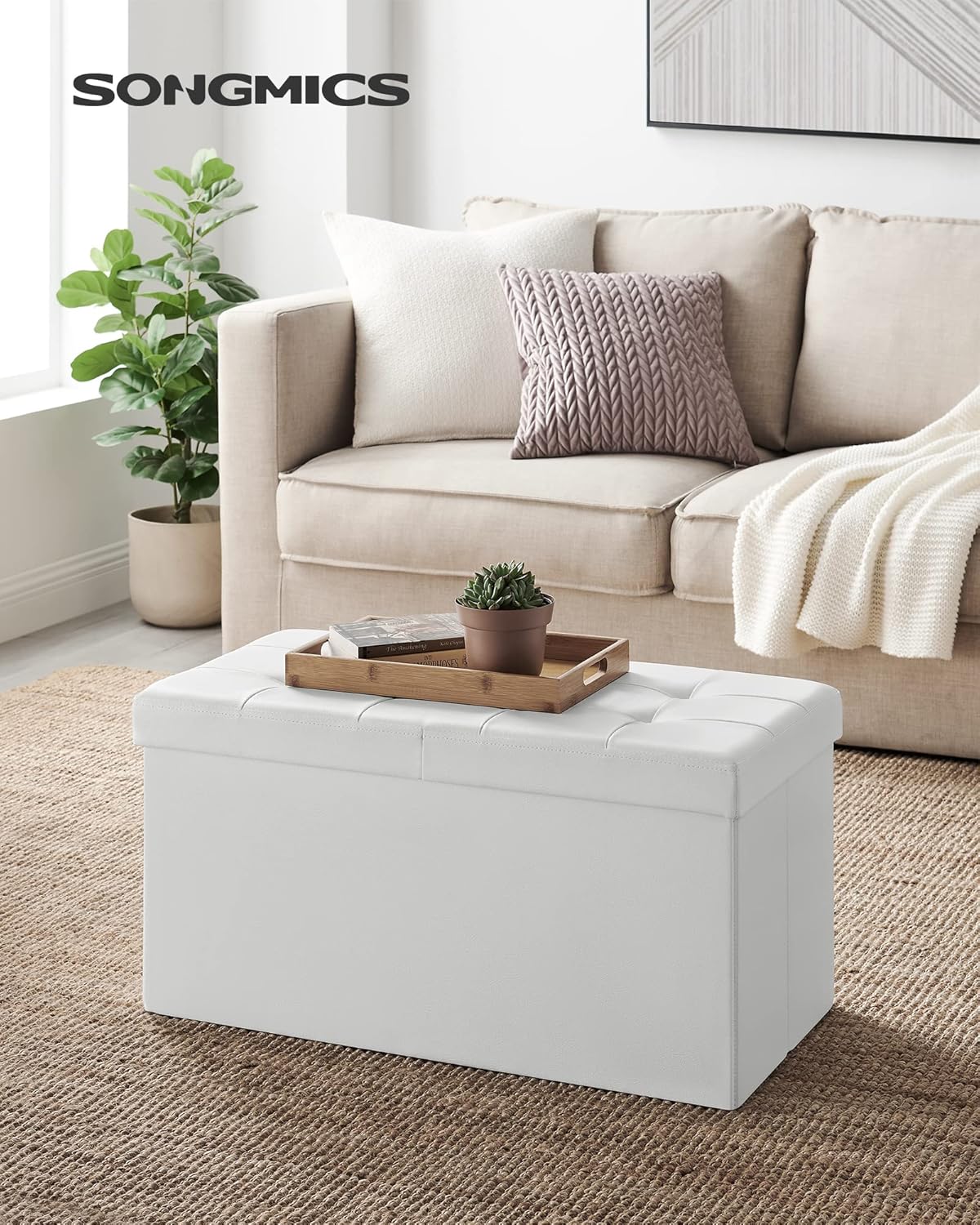 SONGMICS MAZIE Collection - 30 Inches Storage Ottoman Bench with Flipping Lid, Storage Chest Footstool, Load 660 lb, for Entryway, Living Room, Bedroom, Synthetic Leather, White ULSF45WT