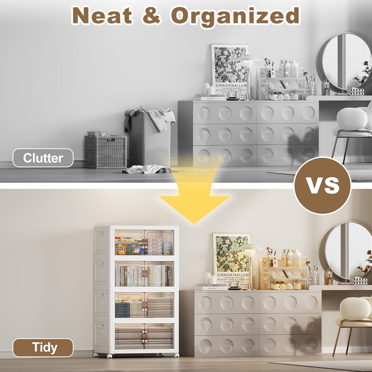 SAILUN 308QT Extra Large Collapsible Storage Bins with Wheels and Lid, Stackable Storage Bins Open Closet Organizers and Storage Storage Containers Drawers,23.6" L × 15" W × 54.5" H（4 Pack）