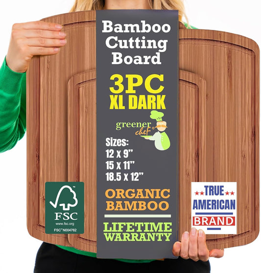 Bamboo Wooden Cutting Board Set of 3 - Used to Chop Veggies, Carve Meat, Present Charcuterie at Mealtime Prep and Family Gatherings - Ideal for Professional and Busy Home Chefs - Dark