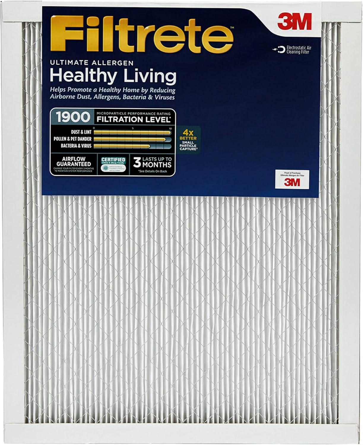 Filtrete 20x24x1 AC Furnace Air Filter, MERV 13, MPR 1900, Premium Allergen, Bacteria & Virus Filter, 3-Month Pleated 1-Inch Electrostatic Air Cleaning Filter, 6-Pack (Actual Size 19.81x23.81x0.78 in)