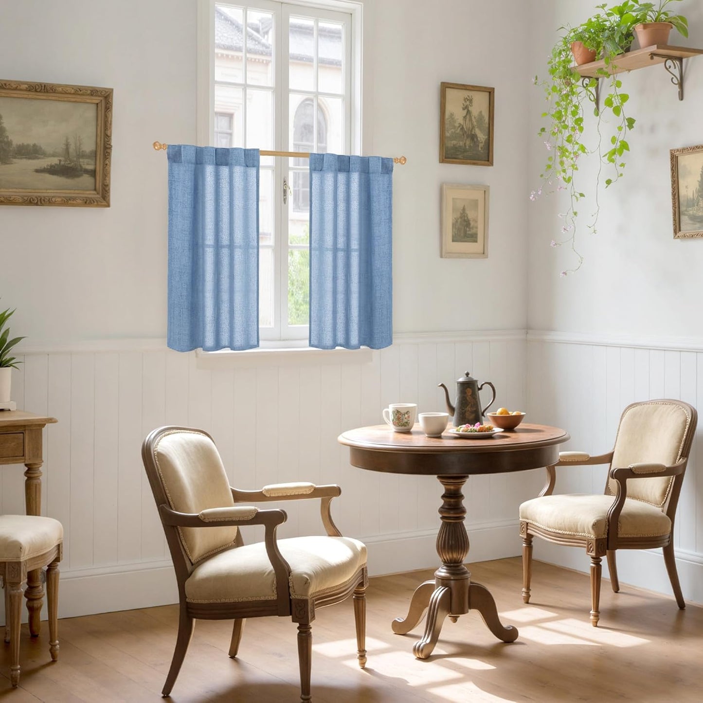 YoungsTex Denim Blue Linen Curtains 40 Inch Length for Bathroom Window, Small Drapes with Rod Pocket Back Tab Light Filtering Coastal for Cafe Kitchen Window Over Sink, 2 Panels, 30 X 40 Inch