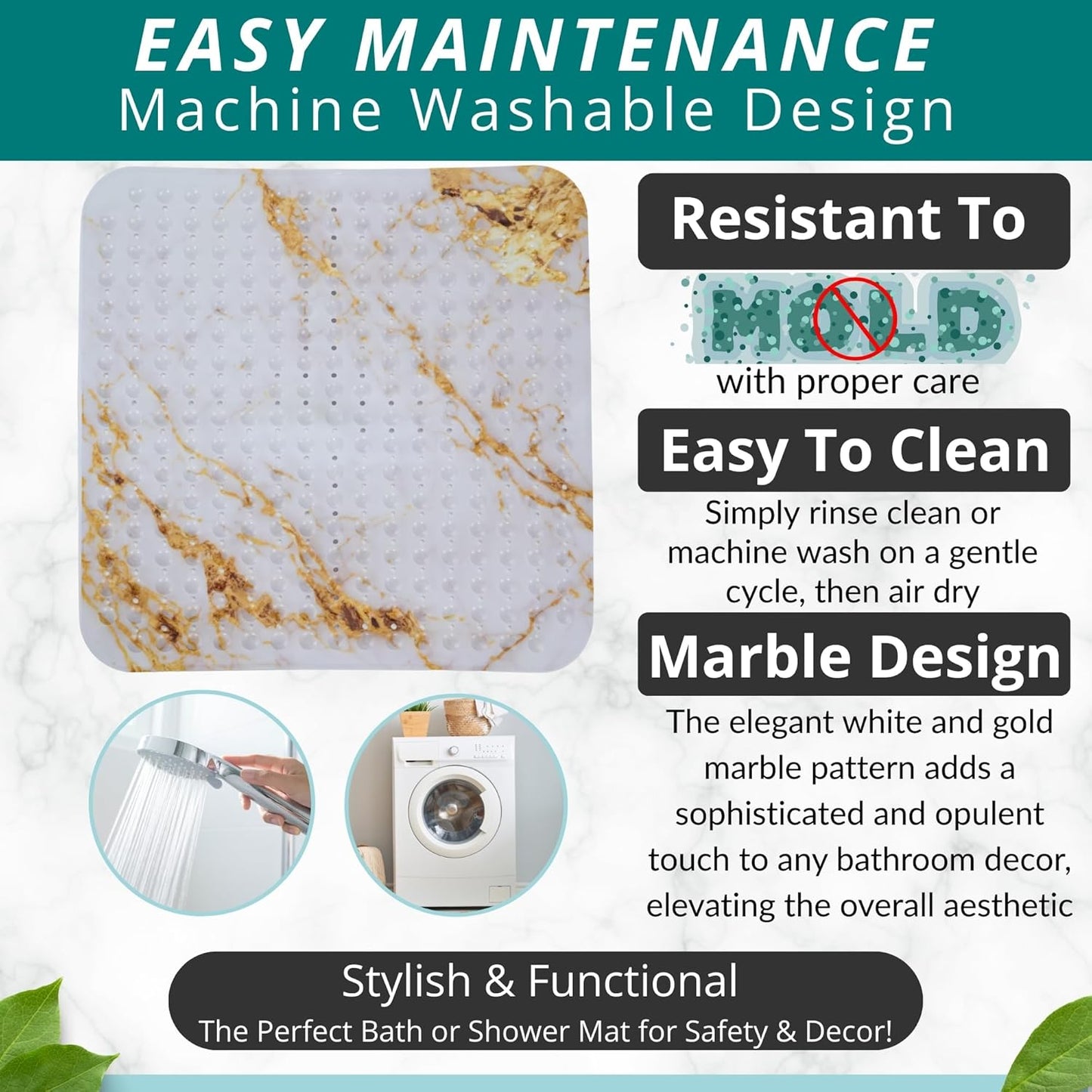 ENKOSI Extra Large Square Non Slip Shower Mat - 31 x 31-inch XL Bathroom Shower Mat - Square Shower Matts for Shower Stall Floors | Secure Suction Cups and Drain Holes (31x31 Marble White Gold)