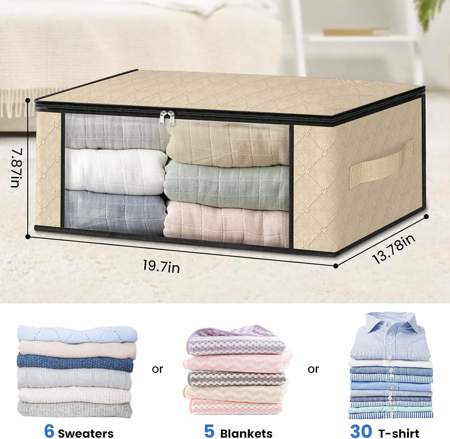 HomeHacks Storage 8-Pack Clothes Organizer Storage Bags Foldable Storage Box with Large Clear Window Sturdy Handles for Closet, Dorm, Pillows, Bedding, Clothes, Blankets, 35L, Beige