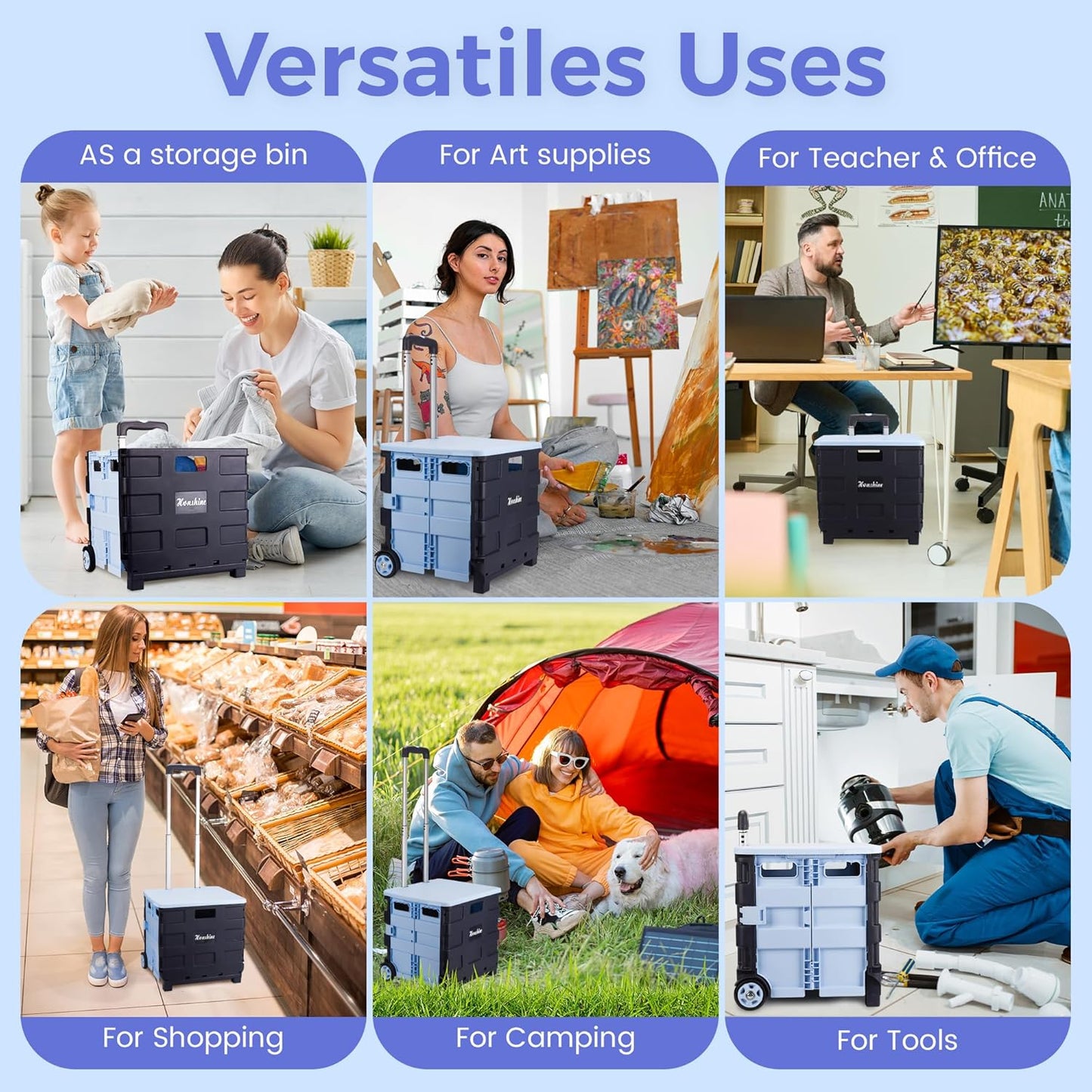 Collapsible Rolling Crate on Noiseless Wheels: Portable Utility Cart for Shopping Teacher Laundry (Blue)