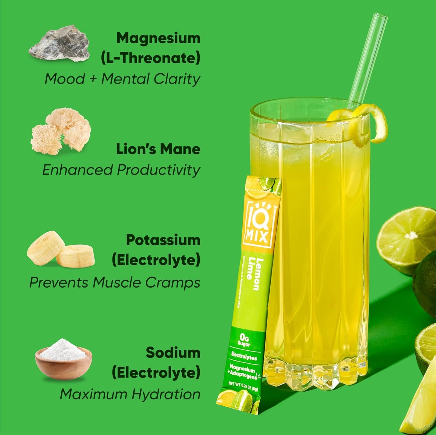 IQMIX Hydration Electrolyte Powder – 4-in-1 Formula for Hydration, Mental Clarity, Mood and Recovery – Sugar-Free Drink Mix, Keto, Magnesium L-Threonate, Lion’s Mane – 20 Count Lemon Lime