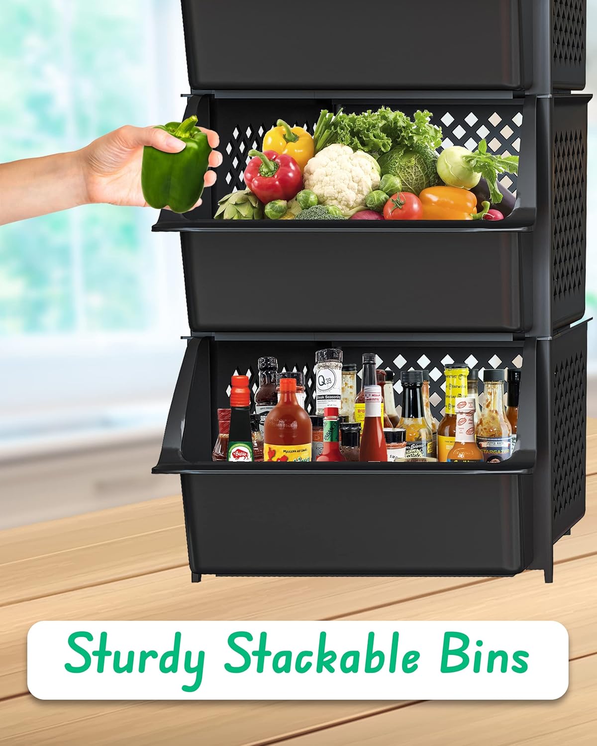 Skywin Plastic Stackable Storage Bins for Pantry - 3 Pack, Black Stackable Bins For Organizing Food, Kitchen, and Bathroom Essentials