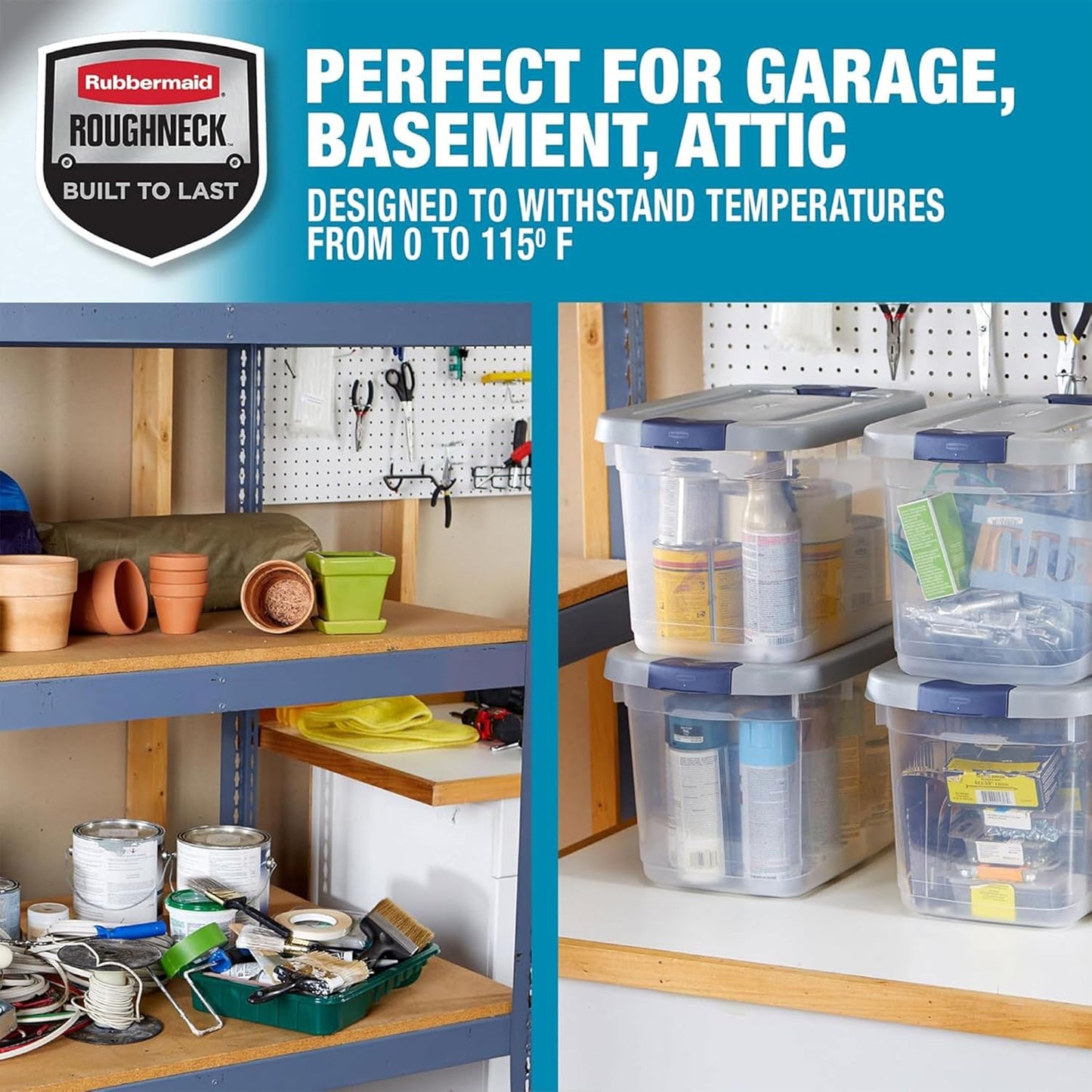 Rubbermaid Roughneck Clear 19Qt/ 4.75 Gal Storage Containers, Pack of 6, with Snap-Fit Grey Lids, Visible Base, Sturdy and Stackable, Great for Storage and Organization