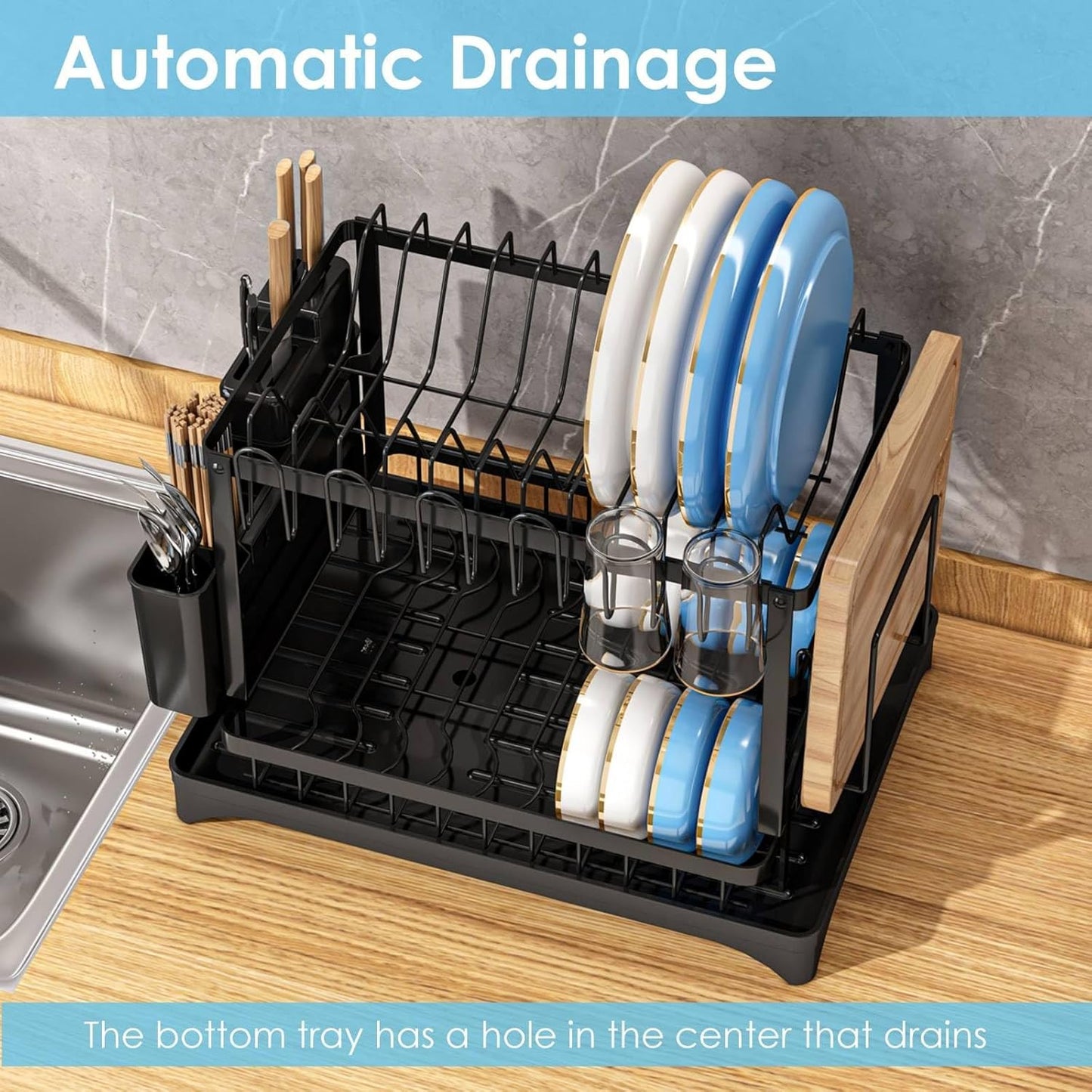 Dish Drying Rack for Kitchen Counter 2 Tier Iron Dish Drainer with Removable Cutlery Basket, Black