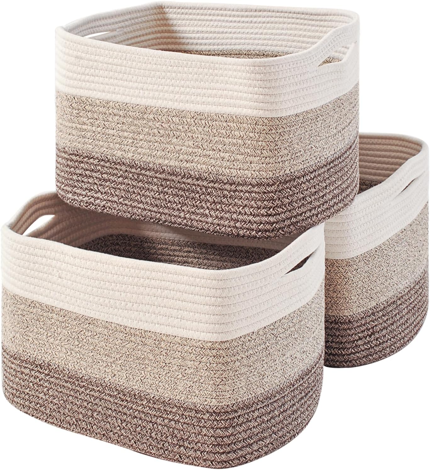Storage Baskets for Organizing Shelves, Woven Cotton Rope Bins for Baby Nursery Organization, Book Toy Towel Organizer, 15"x11"x9.5", 3 Packs, Gradient Brown