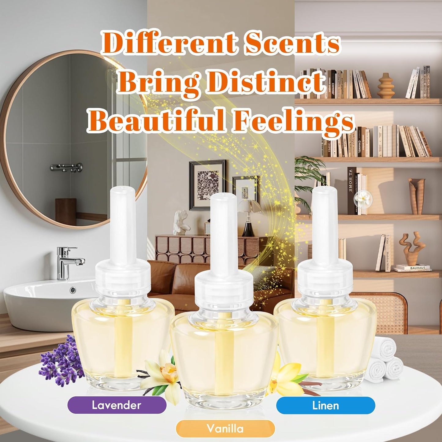 Plug-in Air Freshener Starter Kit, 1 Warmer and 9 Essential Oil Refills, Lavender, Vanilla, Linen Scent for Home, Bathroom and Office, Compatible with Air Wick and Glade Air Fresheners