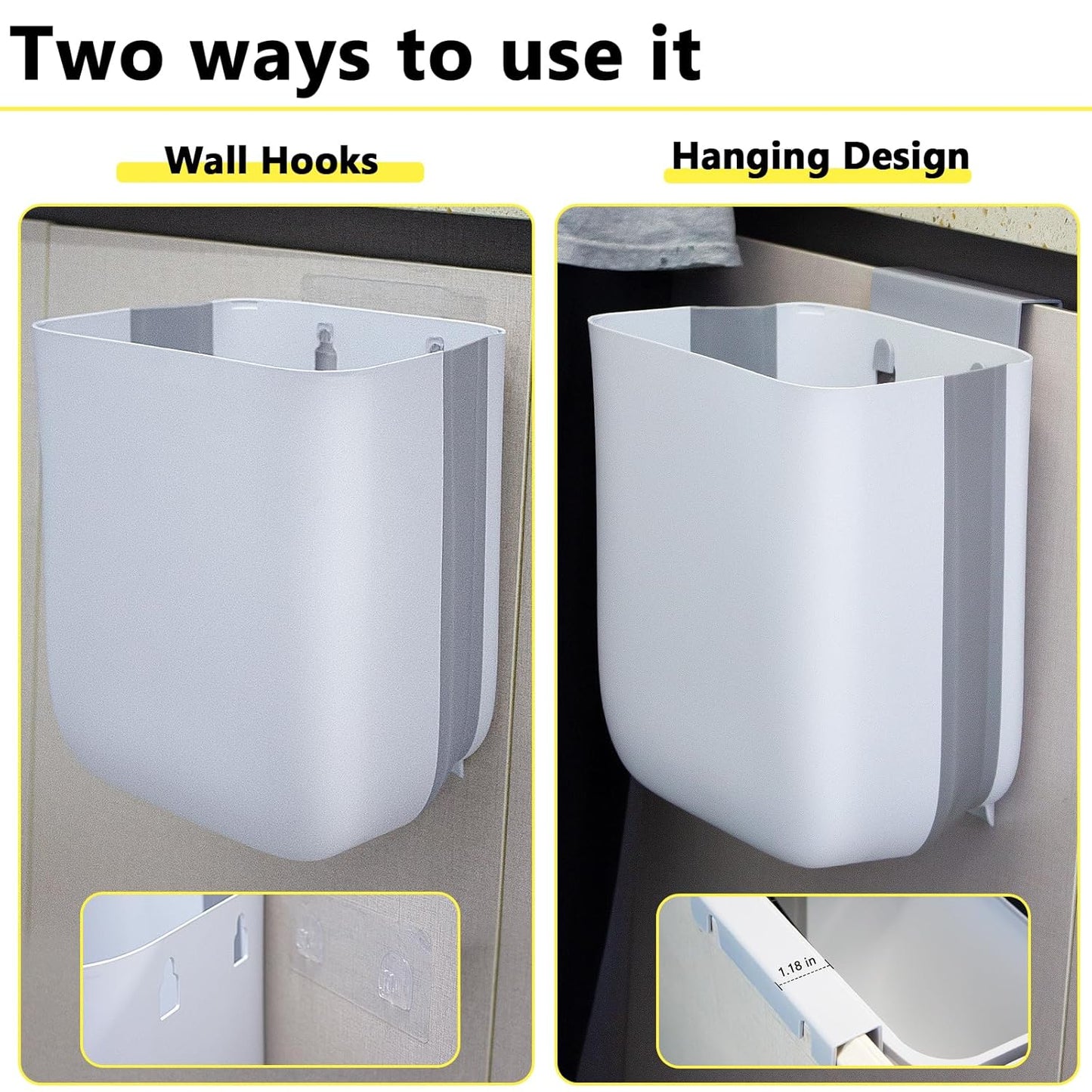 Soddeph 3.2 Gallon Foldable Hanging Trash Can for Cabinet Door,Kitchen Compost Bin,Wall-Mounted Plastic Garbage Can for Countertop or Under Sink, Bathroom and RV,No Lid (White)