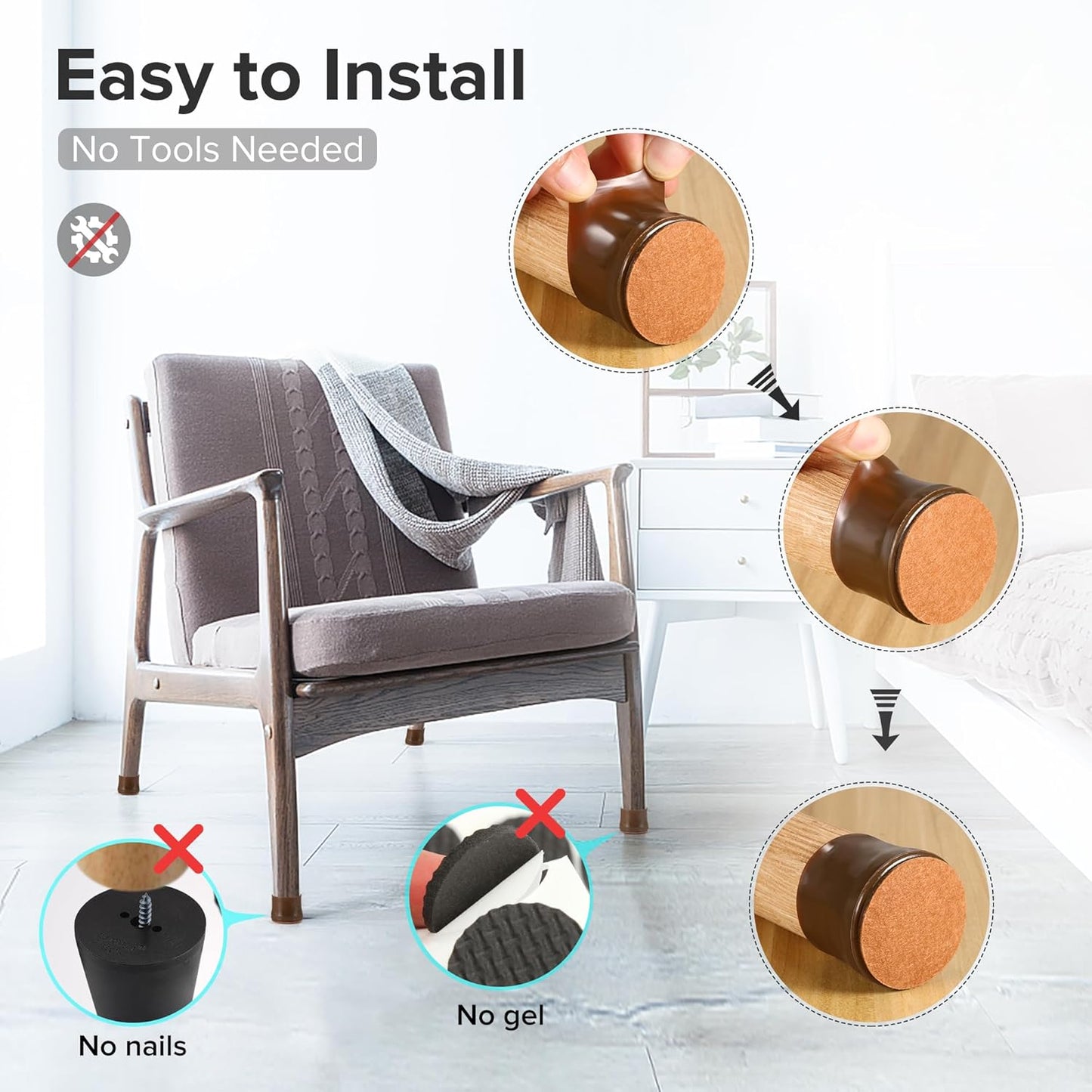 24PCS Upgraded Silicone Chair Leg Floor Protectors for Hardwood Floors, Furniture Sliders for Chair Legs, Felt Bottom Furniture Pads, Anti-Slip Round&Square Cap Covers to Scratch and Reduce Noise