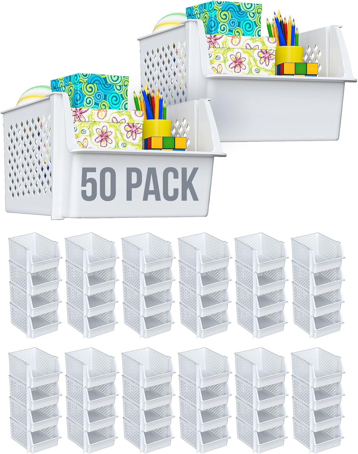 Skywin Plastic Stackable Storage Bins for Pantry - Stackable Bins for Organizing Food, Kitchen, and Bathroom Essentials (White - 50 Pack)