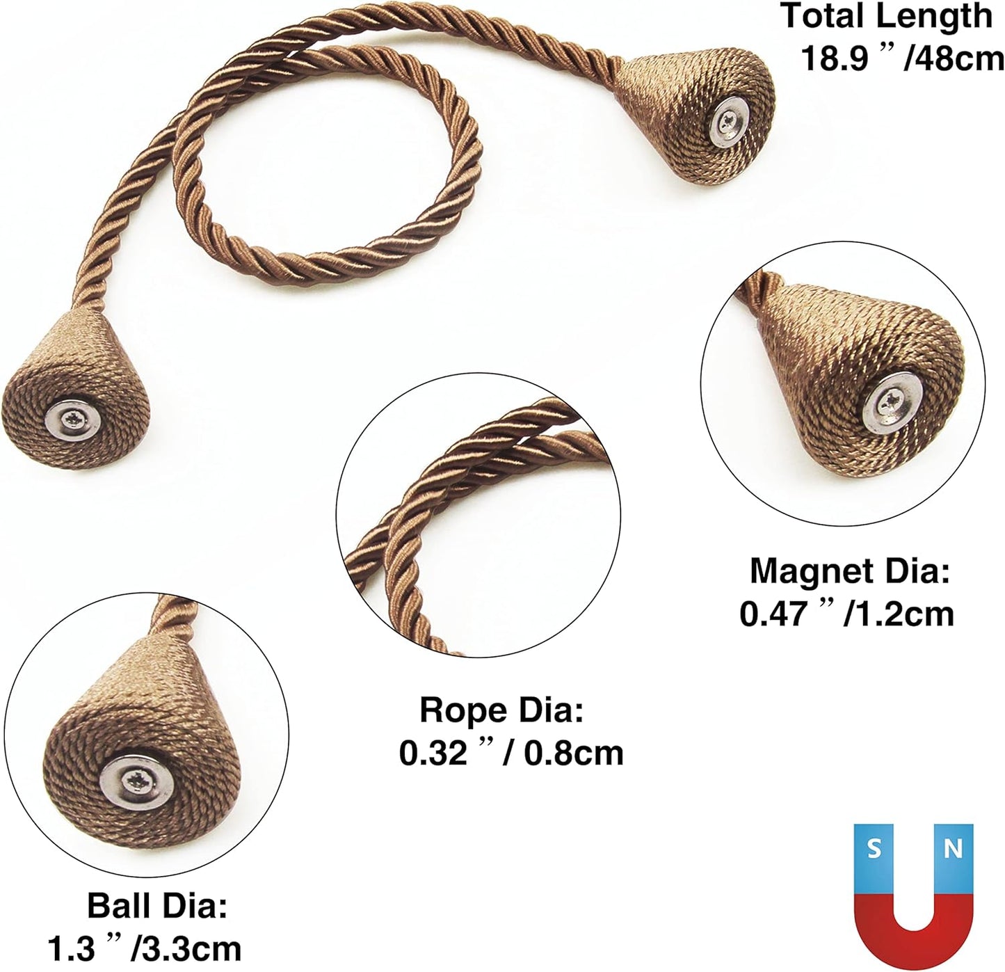 6 Pack Magnetic Curtain Tiebacks Rope Modern Handmade Curtain Tie Backs Decorative Drapes Weave Holdbacks for Window Décor, Khaki