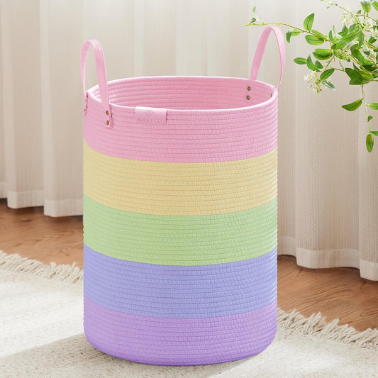 VIPOSCO Tall Laundry Basket, Large Dirty Clothes Hamper with Leather Handle, Woven Rope Storage Basket for Blanket, Toy In Living Room, Bathroom, Bedroom - 72L Rainbow