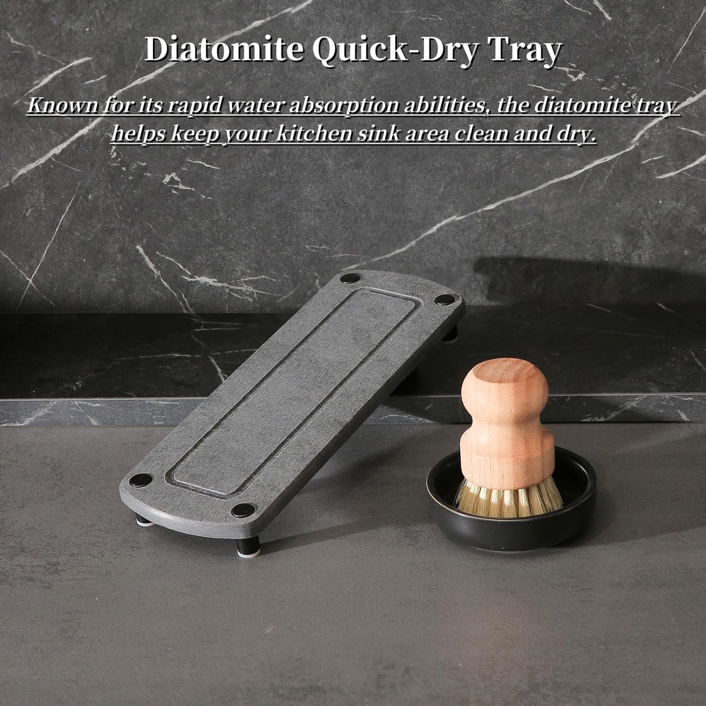 MOMEEMO White Soap Dispenser Set Comes with Stainless Pumps, Black Instant Dry Tray, and Dish Scrub Brush, Suitable for Kitchen Decor and Accessories. (White & Black)