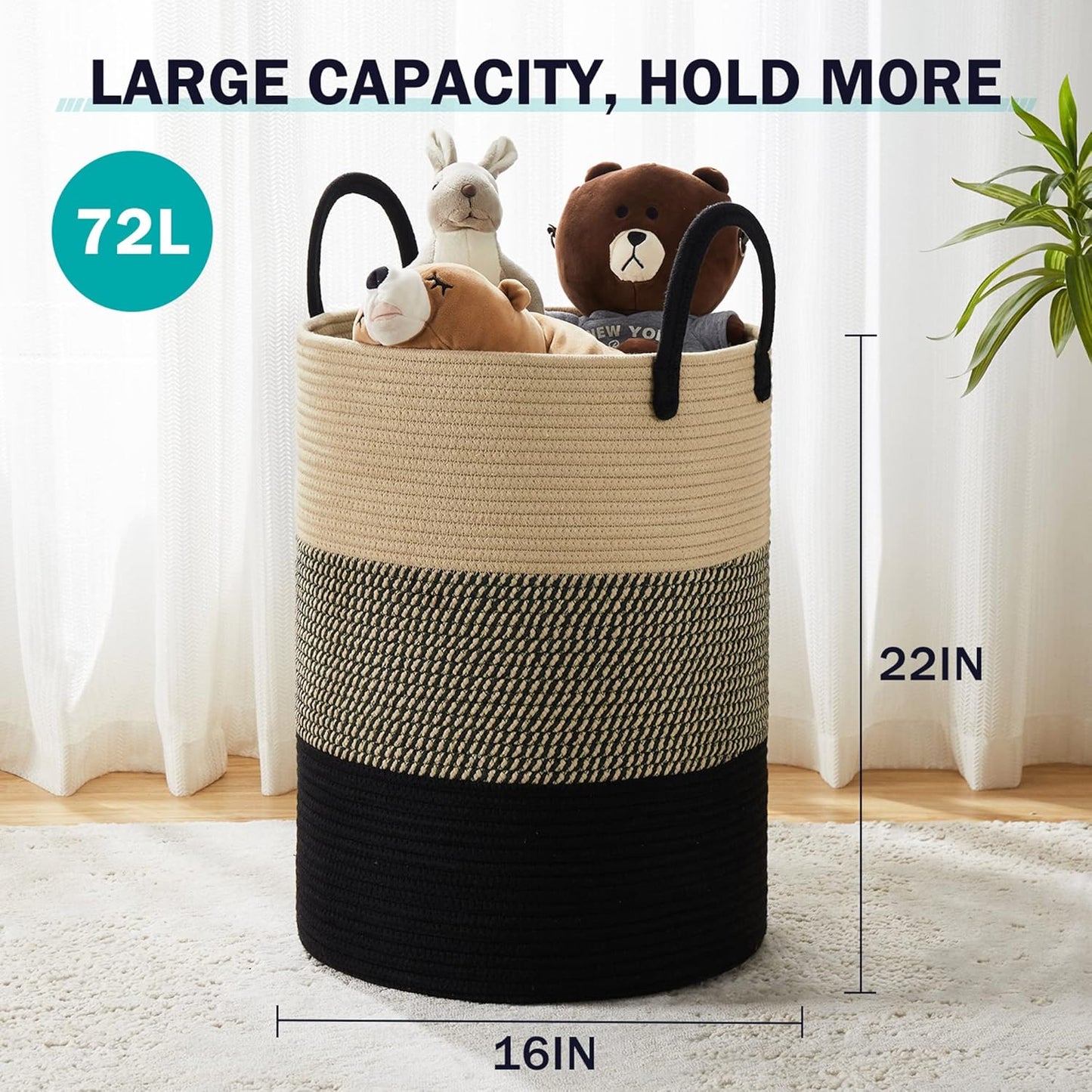 YOUDENOVA Woven Rope Laundry Hamper Basket, 72L Tall Luandry Basket, Baby Nursery Hamper for Blanket Storage, Clothes Hamper for Laundry in Bedroom-Large-Black & Brown