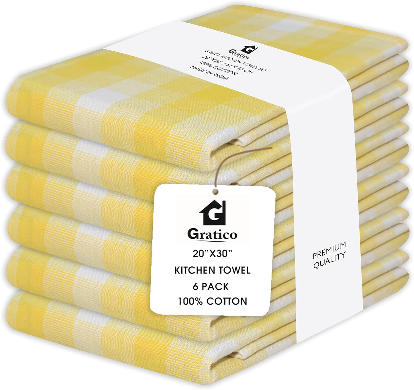 Kitchen Towels Set of 6 Yellow/White Checks 20x30 Inches 100% Cotton Highly Absorbent Kitchen Towels Premium Quality Ultra Soft Mitered Corners