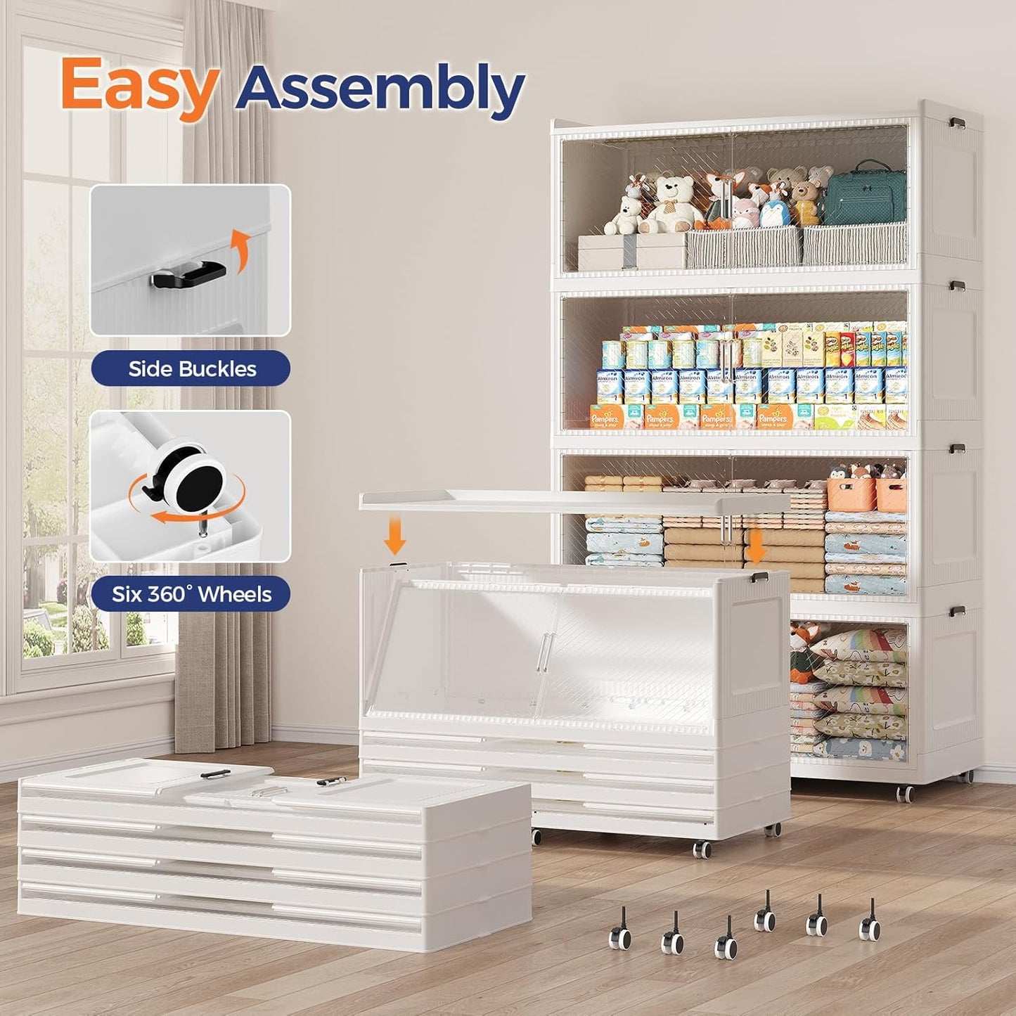 240GAL Extra Large Storage Bins with Lid, 960QT Collapsible Organizer with Wheels, Stackable Closet Cabinet with Doors, Folding Storage Containers for Home, Office, Dorm, 3Pack White