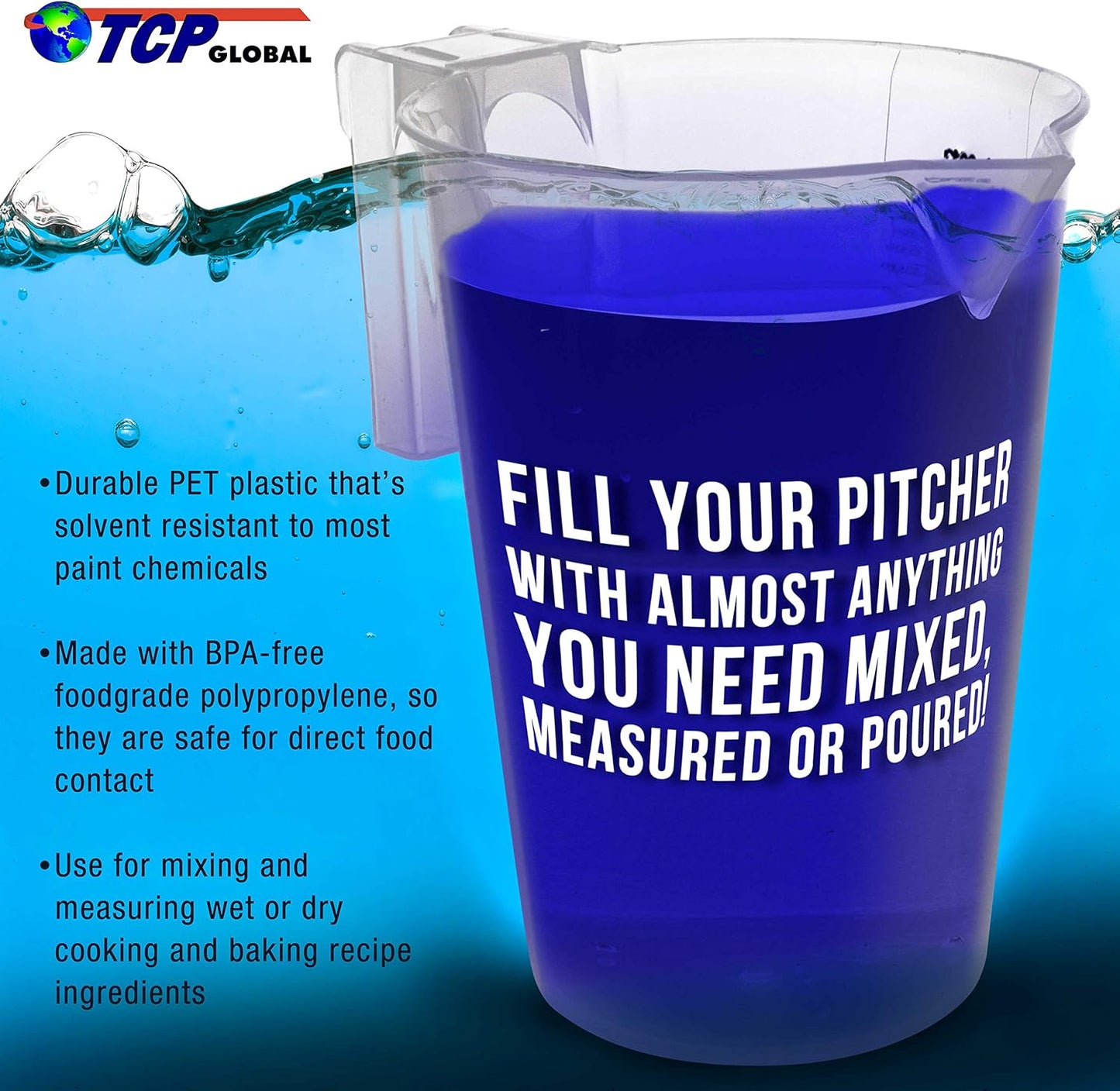 TCP Global 1/2 Liter (500ml) Plastic Graduated Measuring and Mixing Pitcher (Pack of 6) - Holds Over 1 Pint (16oz) - Pouring Cups, Measure & Mix Paint, Resin, Epoxy, Kitchen Cooking Baking Ingredients