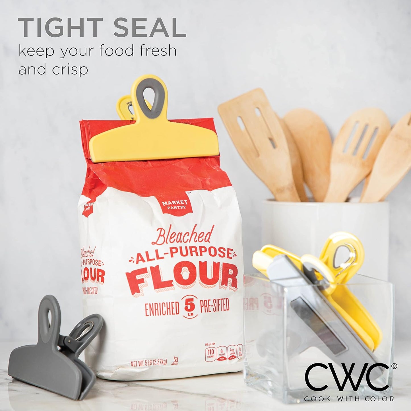 COOK WITH COLOR Bag Clips - Heavy Duty Chip Clip and Refrigerator Magnet Clips for Food Storage with Air Tight Seal Grip, Yellow and Grey, Pack of 4 Large Clips