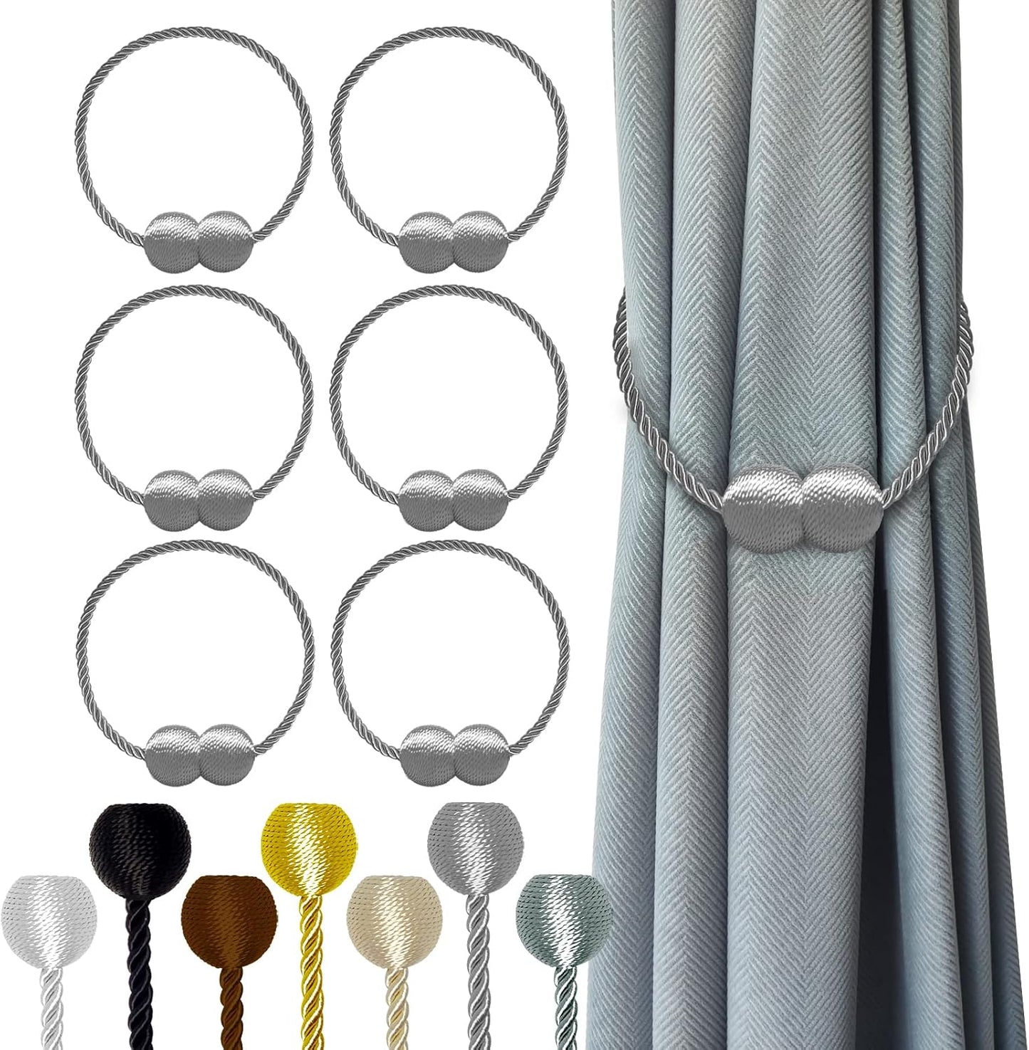 Hion Magnetic Curtain Tiebacks Grey 6 Pack, Curtain Tiebacks Buckles Holdbacks Holders Hooks Clip for Home Bedroom Office Decorative Thick or Thin Curtain