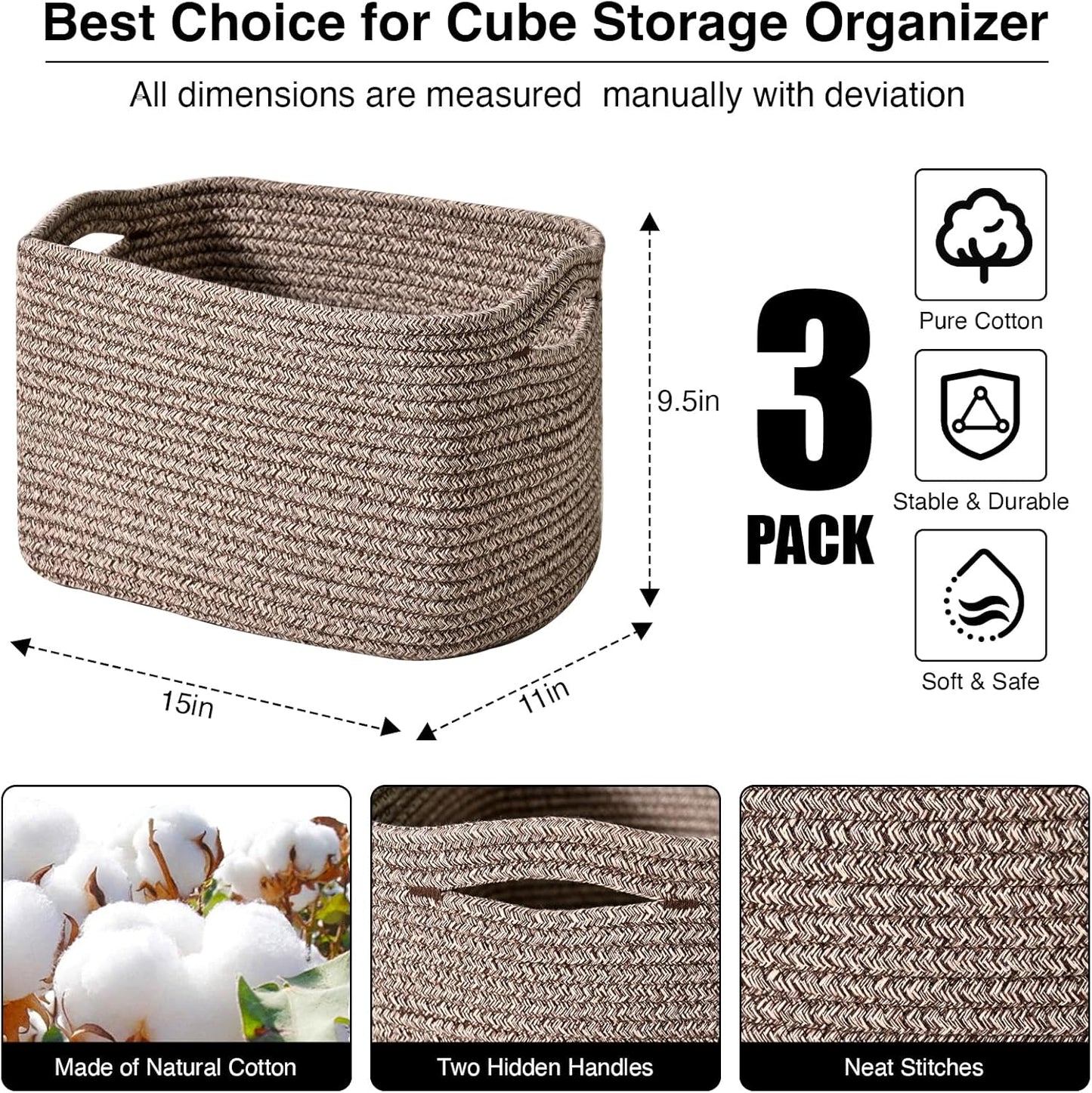 Storage Baskets for Organizing Shelves, Woven Cotton Rope Bins for Baby Nursery Organization, Book Toy Towel Organizer, 15"x11"x9.5", 3 Packs, Dark Brown