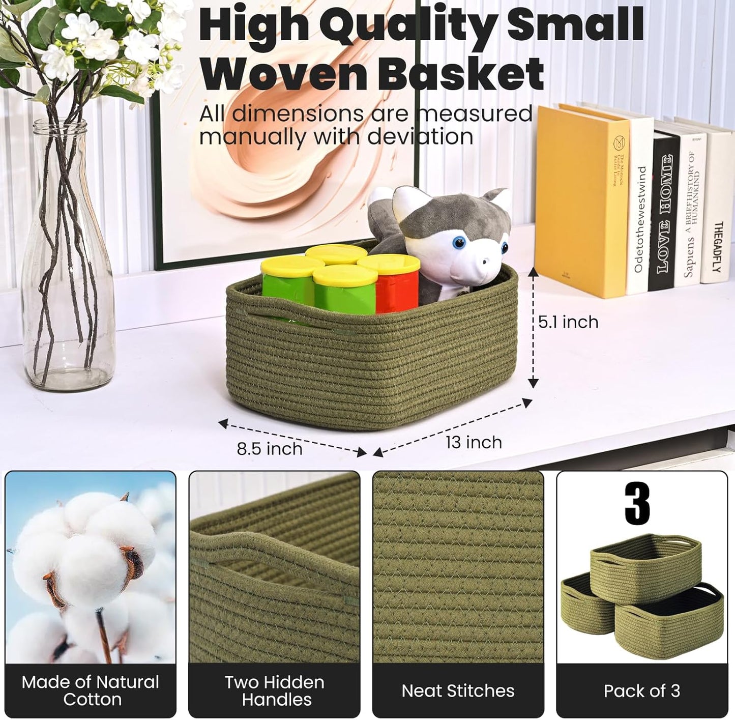 Small Green Storage Baskets for Organizing Shelves, Cute Woven Baskets for Storage, Organizer Basket for Decor, Gift Basket, 13"×8.5"×5.1" (3 Packs) Green