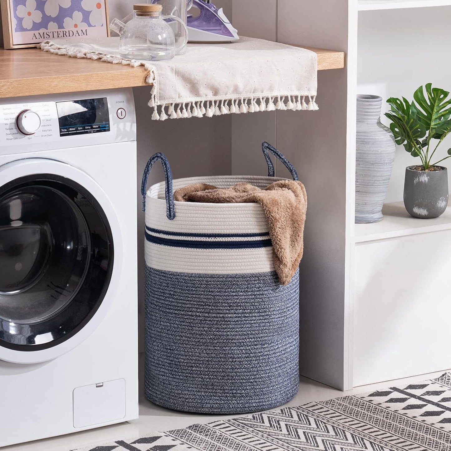 Woven Rope Laundry Hamper Basket by YOUDENOVA, 58L Tall Luandry Basket, Baby Nursery Hamper for Blanket Storage in Bedroom-Large-Blue