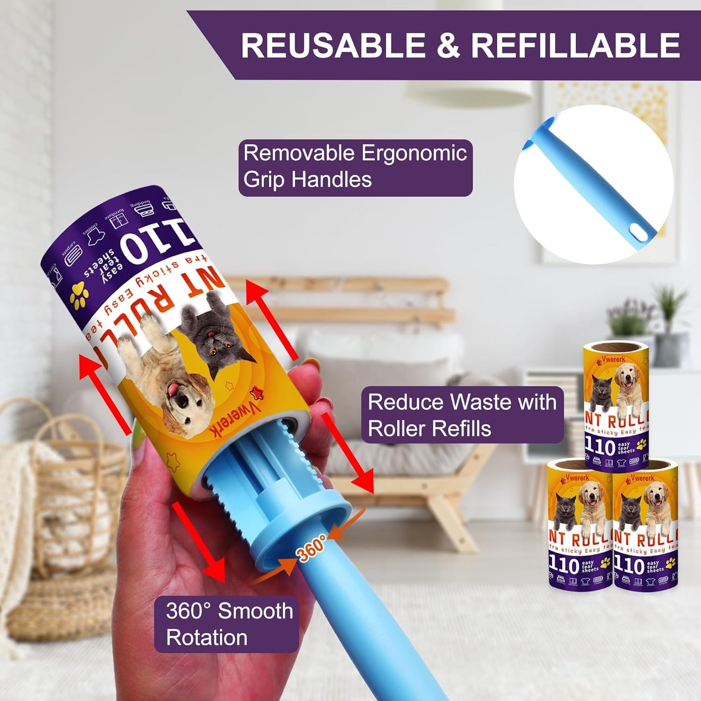Lint Rollers for Pet Hair Extra Sticky, 440 Sheets/4 Lint Roller Refills with 2 Durable Handles, Pet Hair Roller for Clothes, Furniture, Carpet