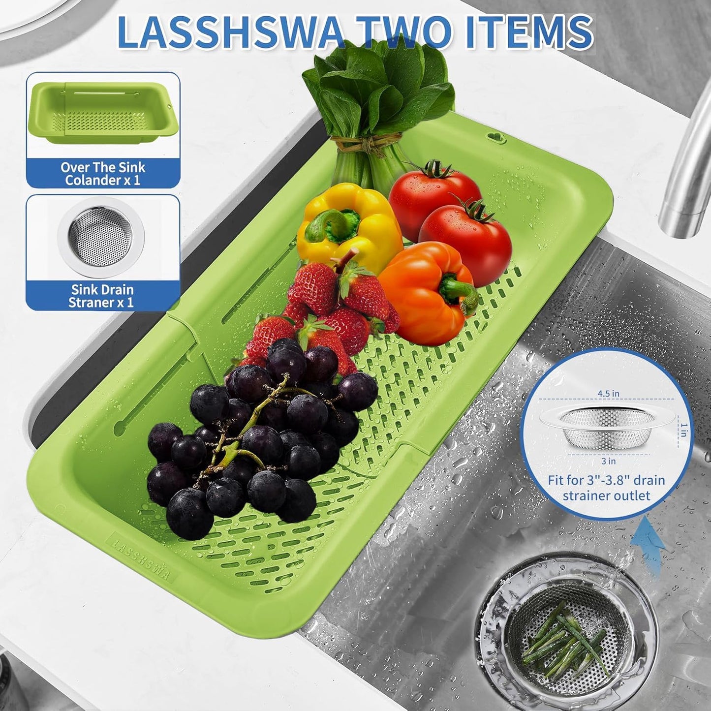 LASSHSWA Collapsible Colander and Strainer for Kitchen, Over the Sink Strainer Basket for Kitchen, Fruit Pasta Food Strainer Expandable Plastic Colander with A Sink Drain Strainer Stainless Steel