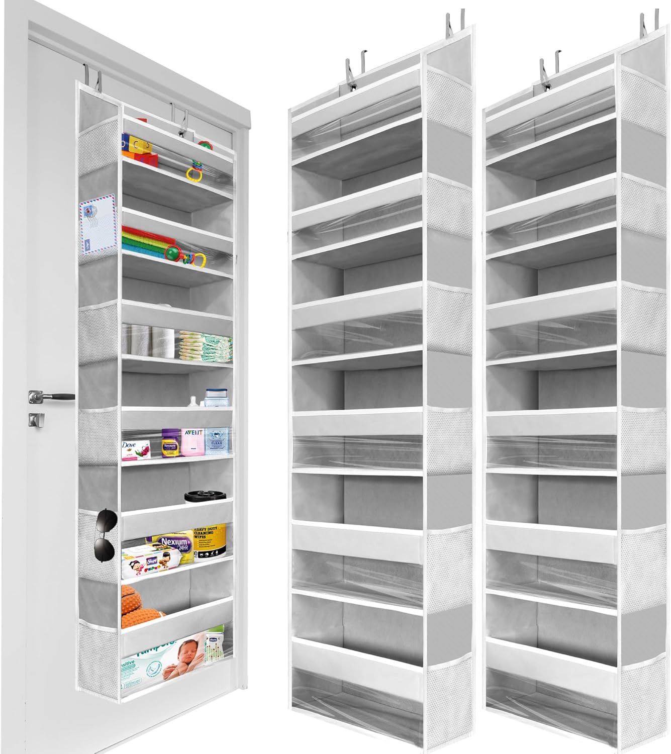 HOMELUX THEORY 2 PC Heavy Duty Over the Door Organizer 55x14x6.7, 6 Large Front & 12 Side Pockets, Hanging Storage Closet Door Organizer for Bedroom, Bathroom and Baby Nursery Storage (Light Gray)