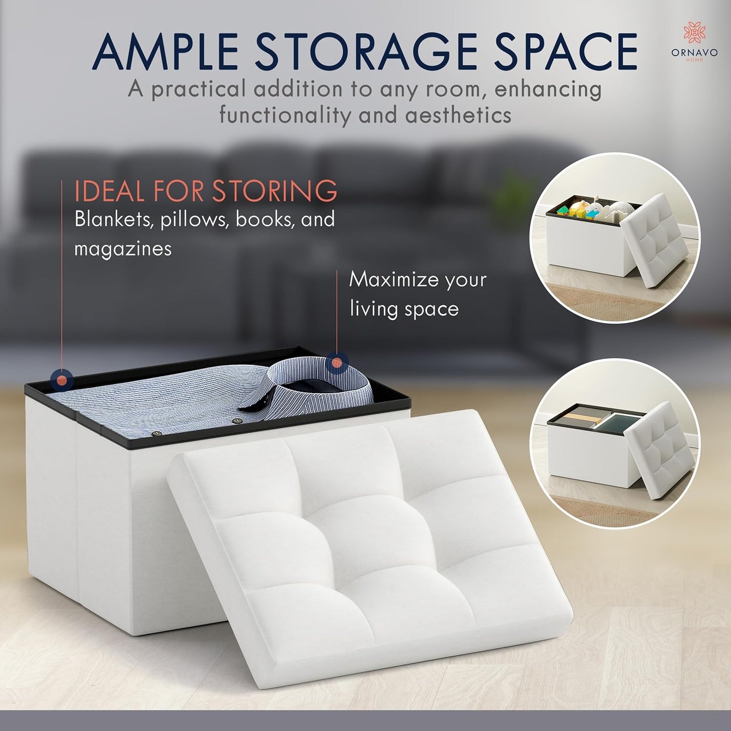 Ornavo Home Small Storage Ottoman Foldable Collapsible Rectangle Linen Ottoman Foot Rest Stool Seat, for Living Room, Bedroom, Home Office, Dorm - 12 x 16 x 12, White